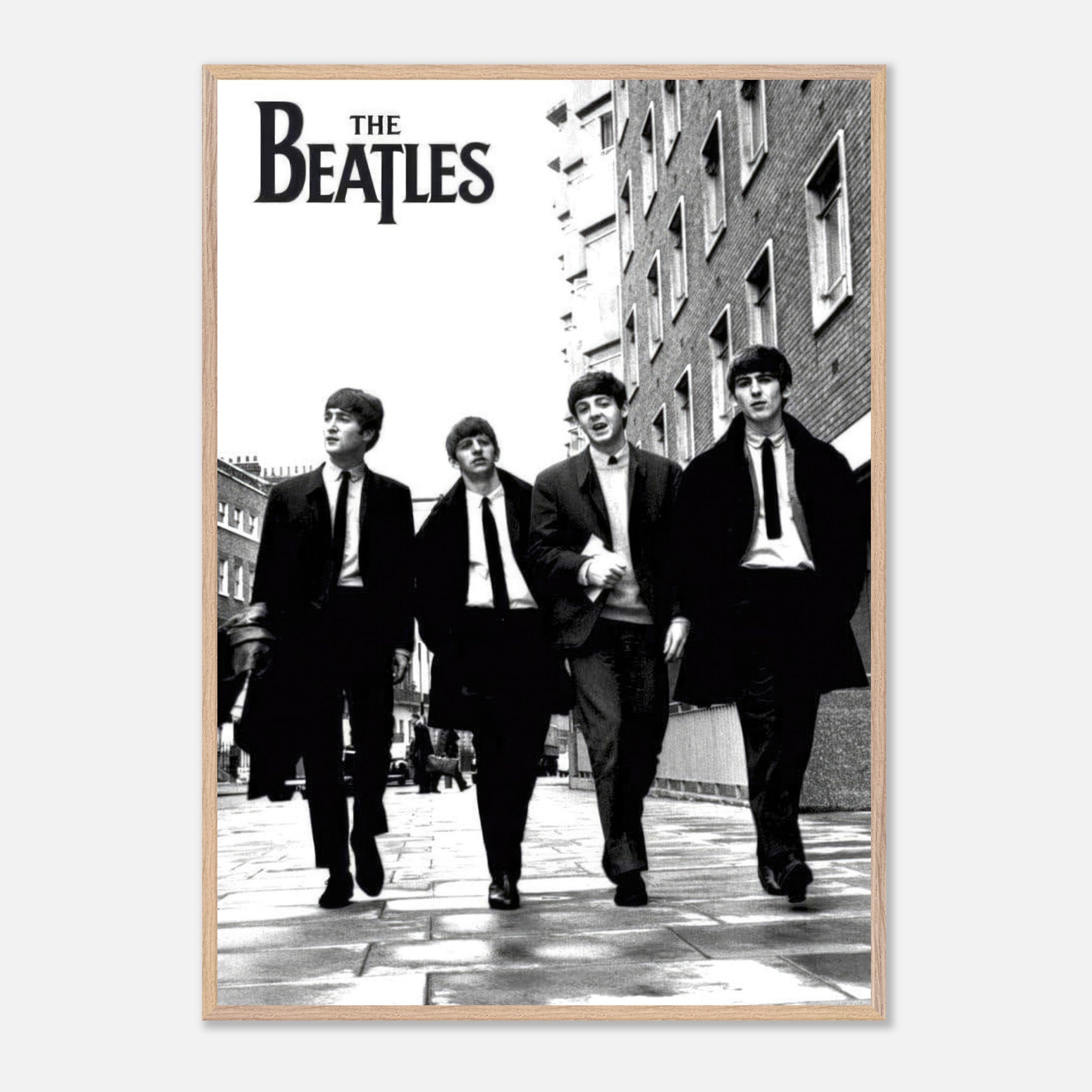 The Beatles fine art museum quality print, black and white photo of iconic band walking together.