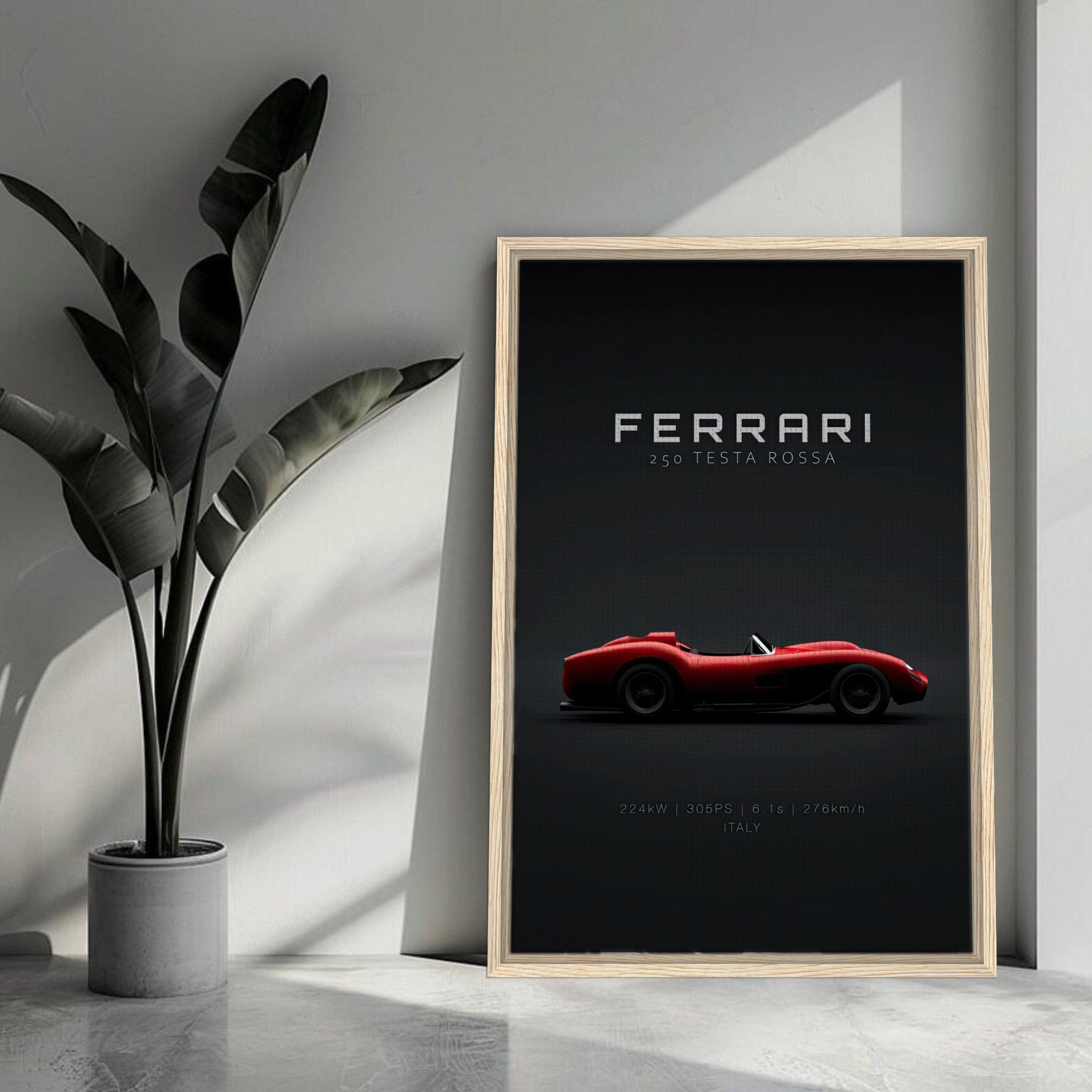 Framed canvas print of Ferrari 250 Testa Rossa on minimalist black background, perfect for car enthusiasts.