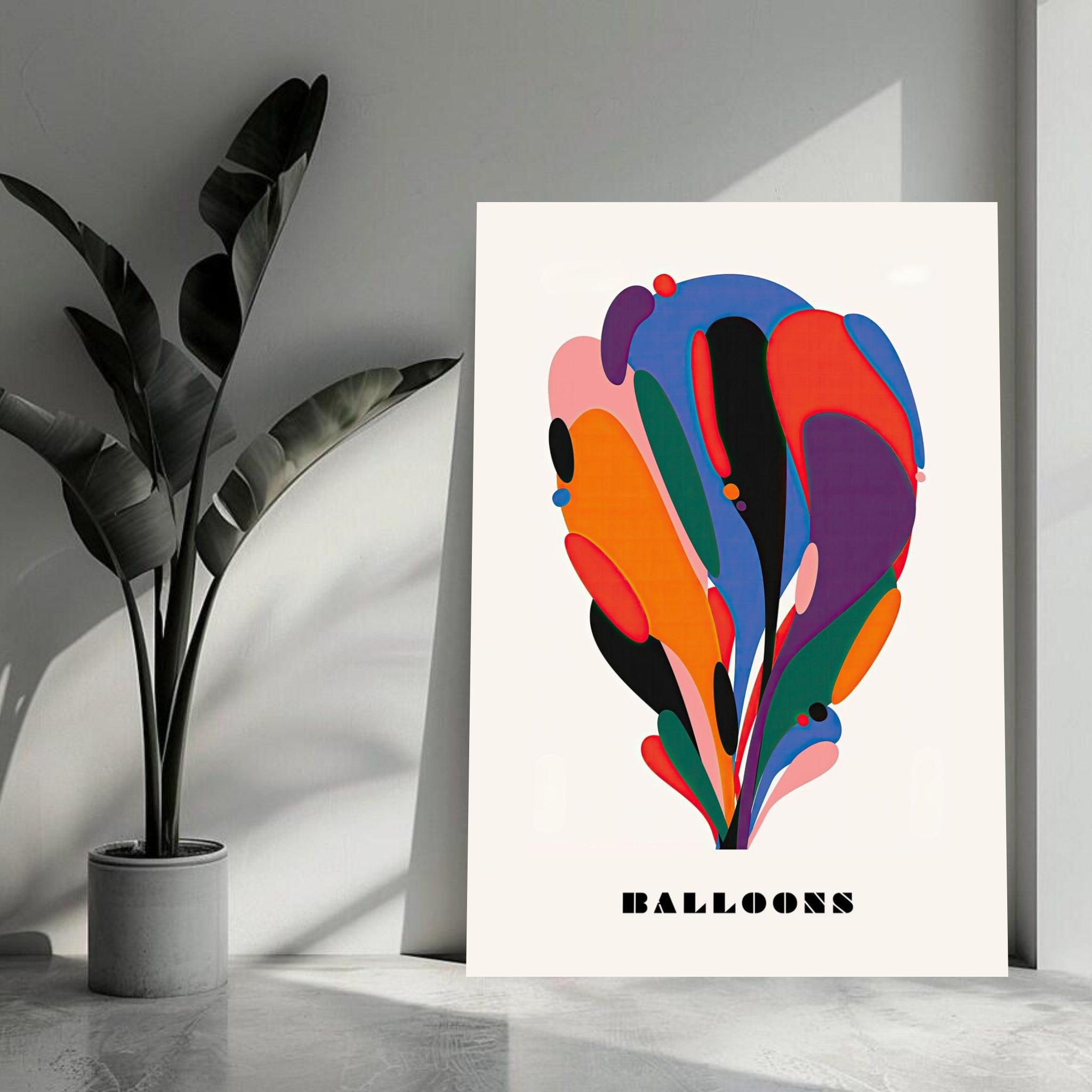 Colorful abstract balloon art print displayed in a modern interior, enhancing decor with vibrant design.