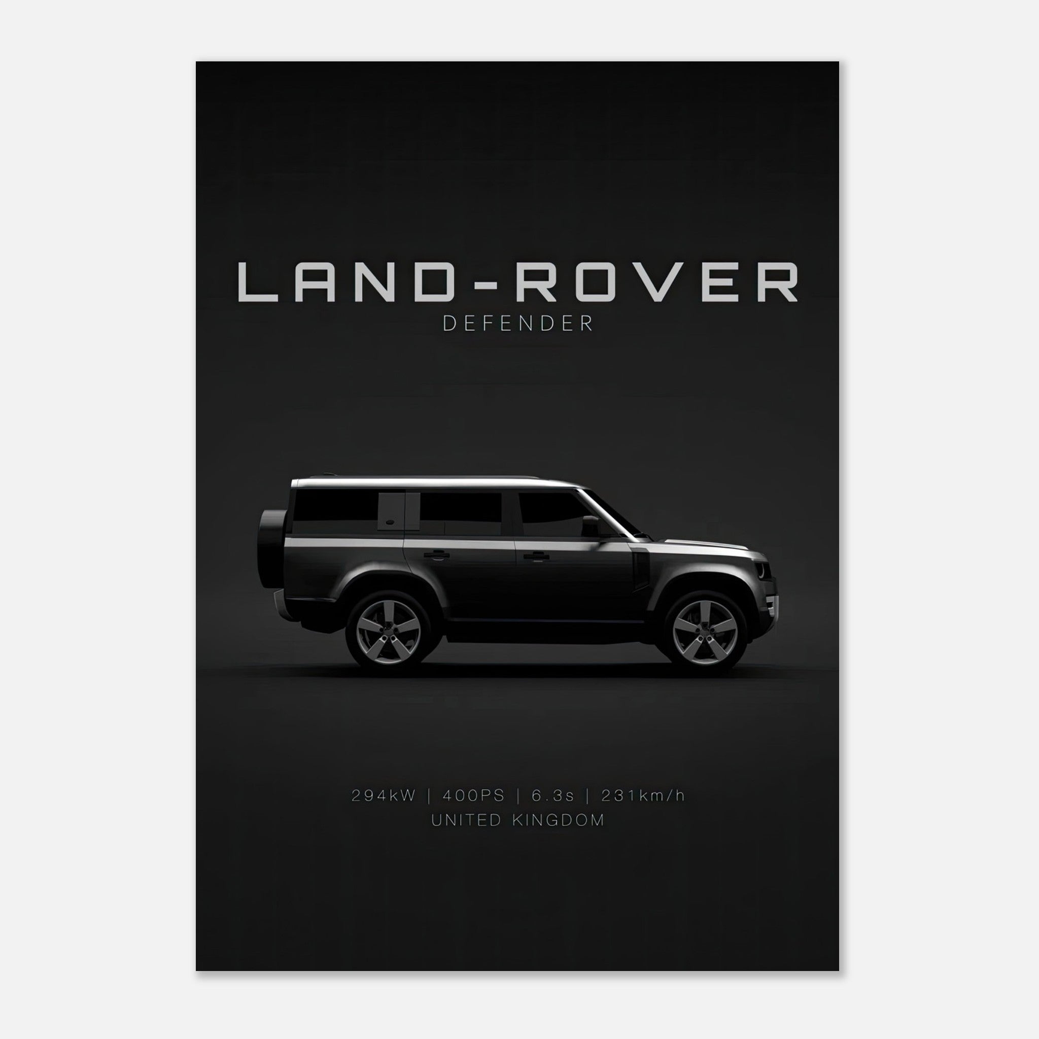 Land Rover Defender poster featuring a sleek design and specifications on a dark background.
