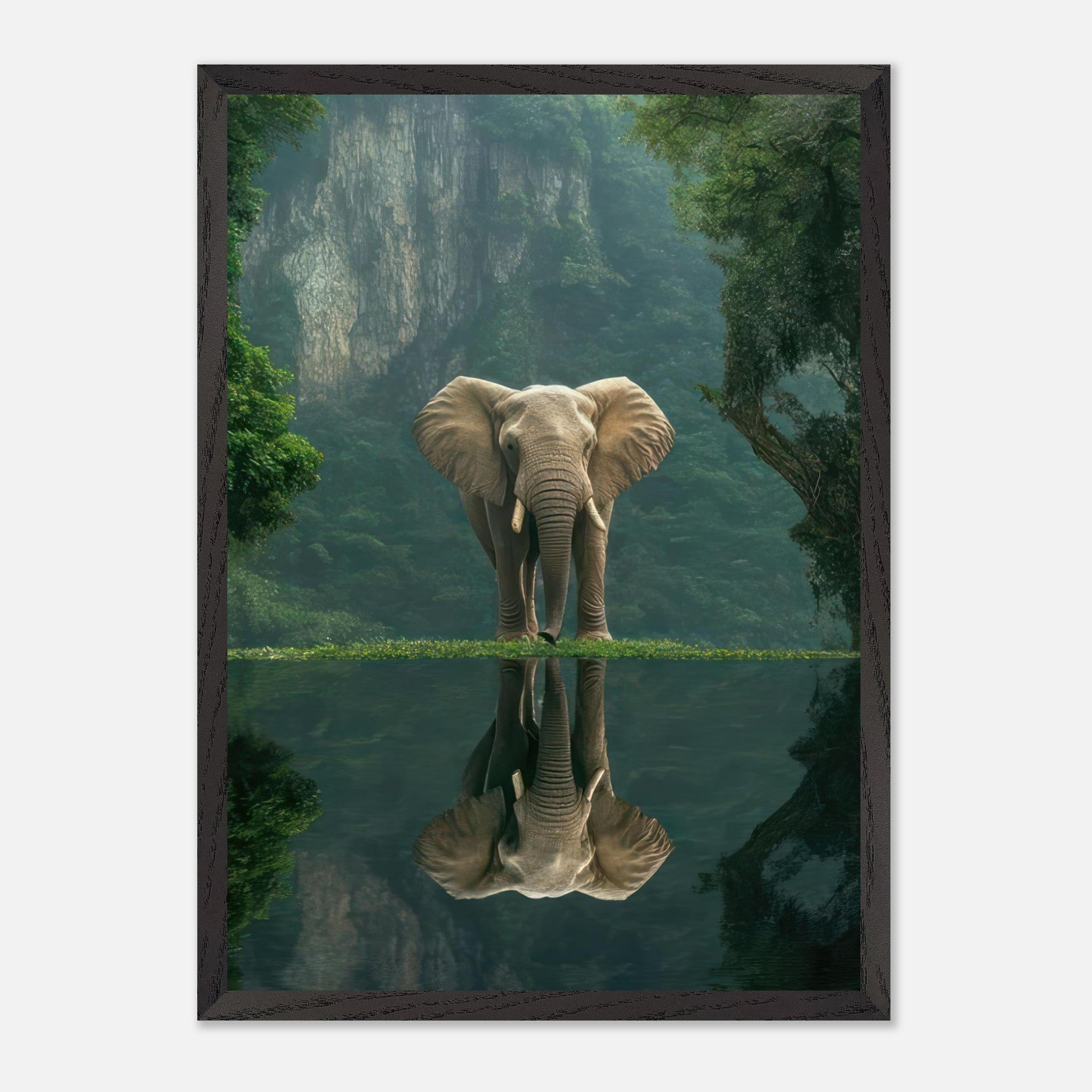 Jungle elephant portrait reflected in water surrounded by lush greenery, museum quality fine art piece.