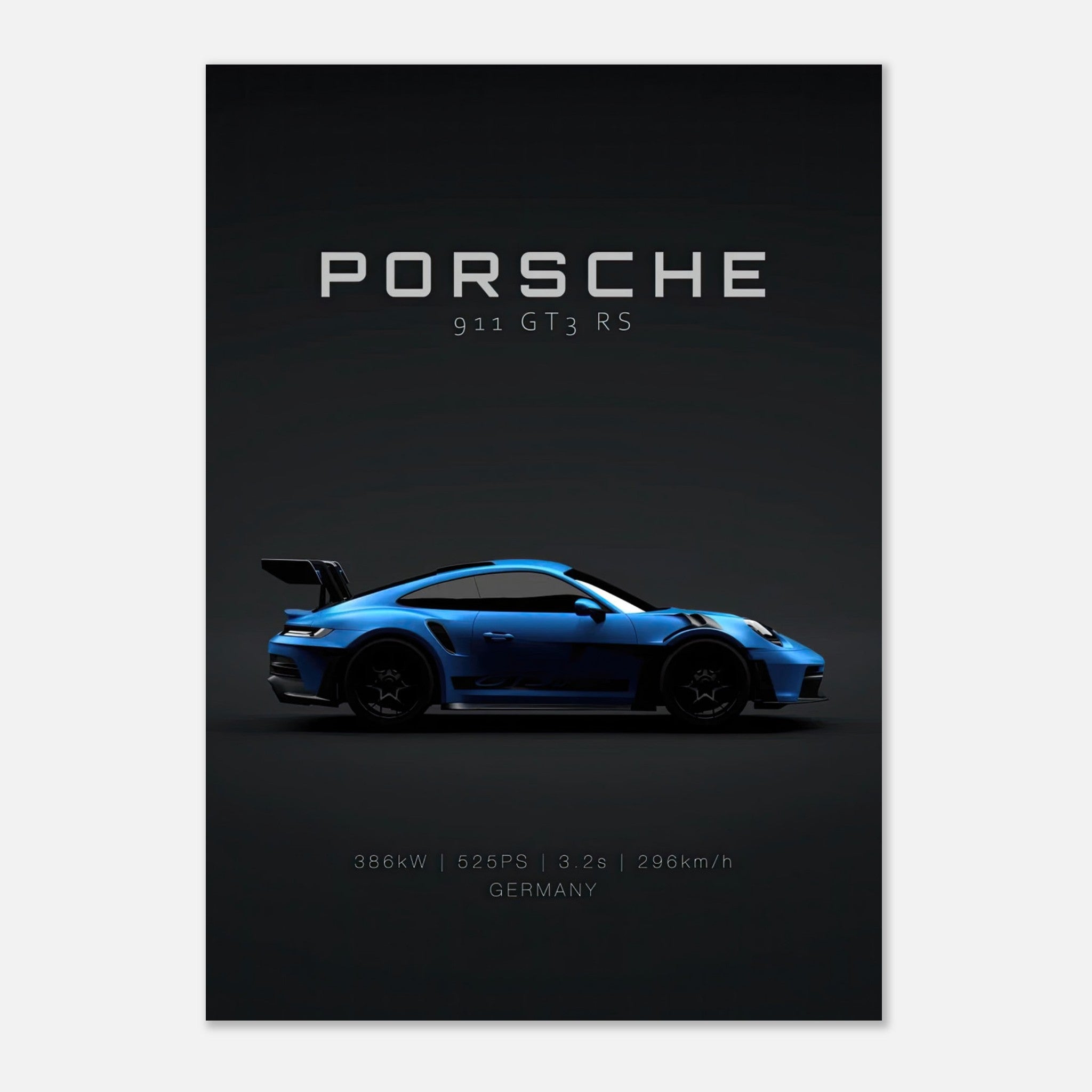 Porsche 911 GT3 RS poster featuring a vibrant blue sports car on a minimalist black background.