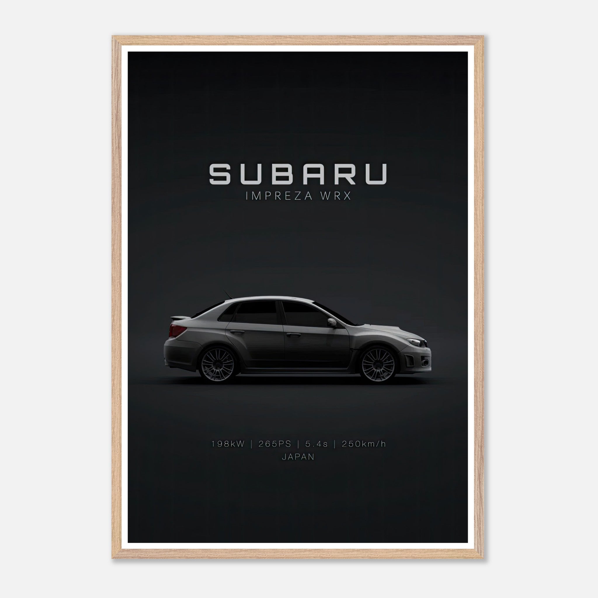 Subaru WRX vintage framed art showcasing the iconic car's profile and stats on a dark background.