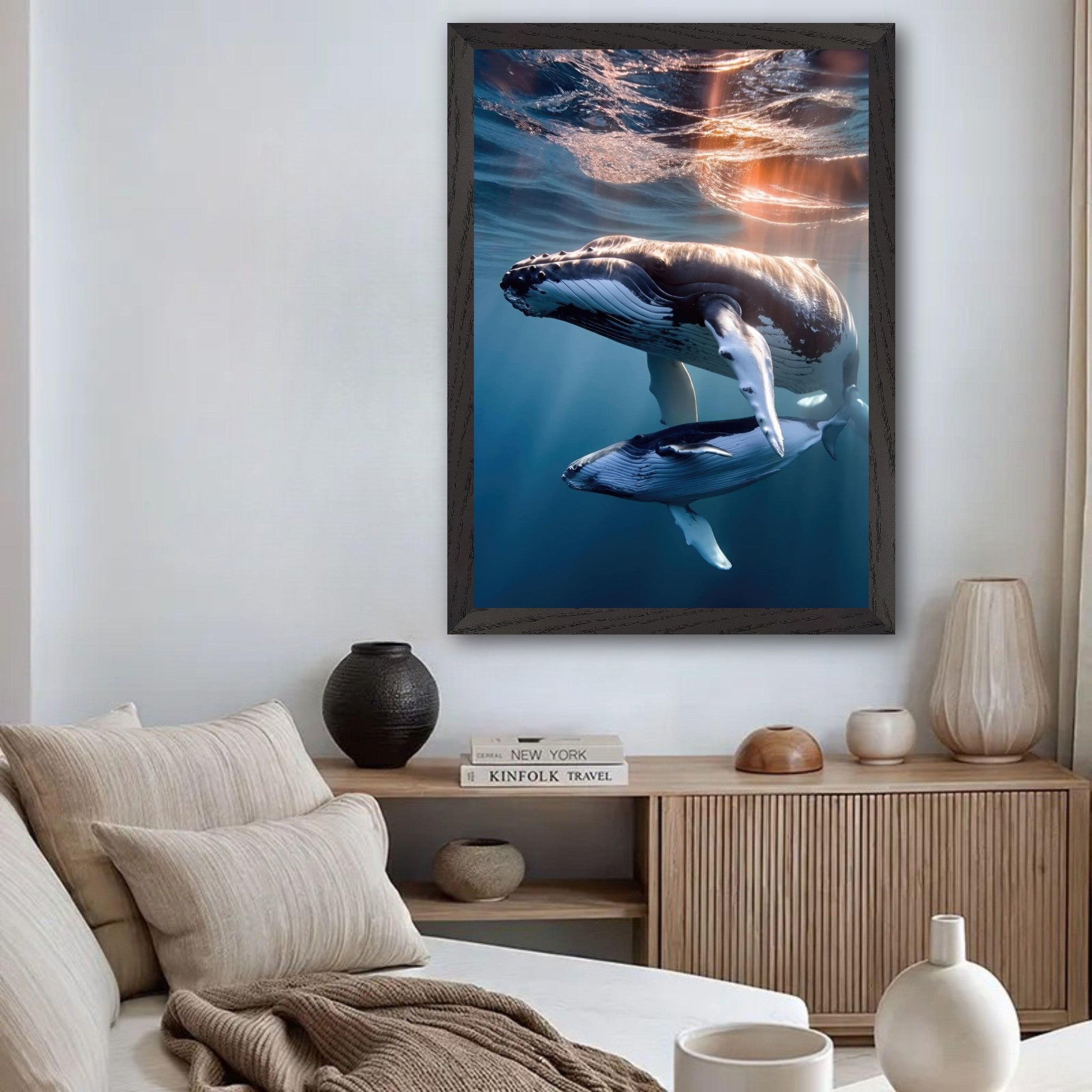 Underwater photography print of a humpback whale and calf in a vintage frame, showcasing ocean beauty.