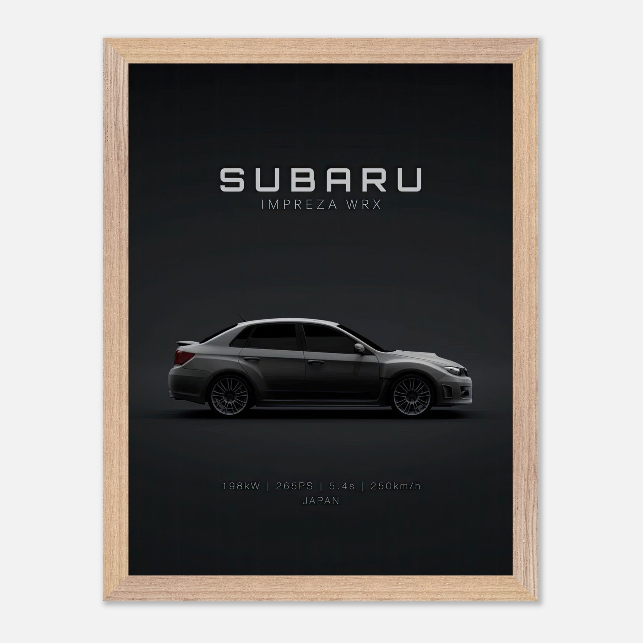 Subaru WRX vintage framed art showcasing the iconic car's profile against a dark minimalist backdrop.