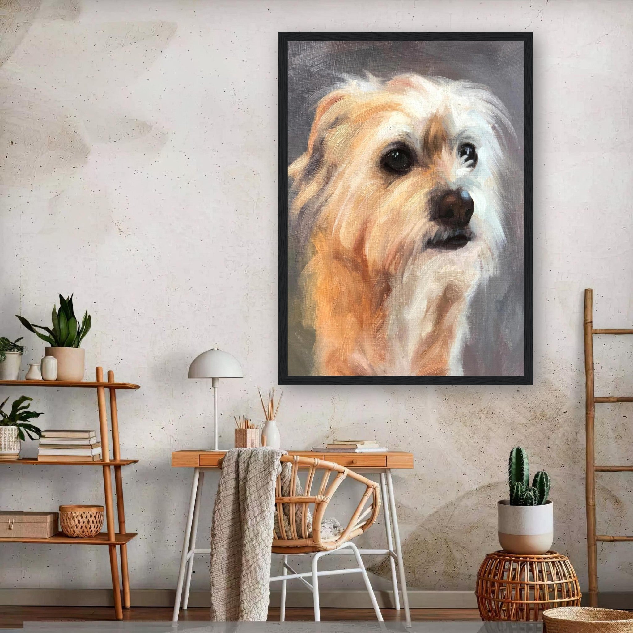Terrier dog painting framed print displayed in a modern interior setting with warm colors.
