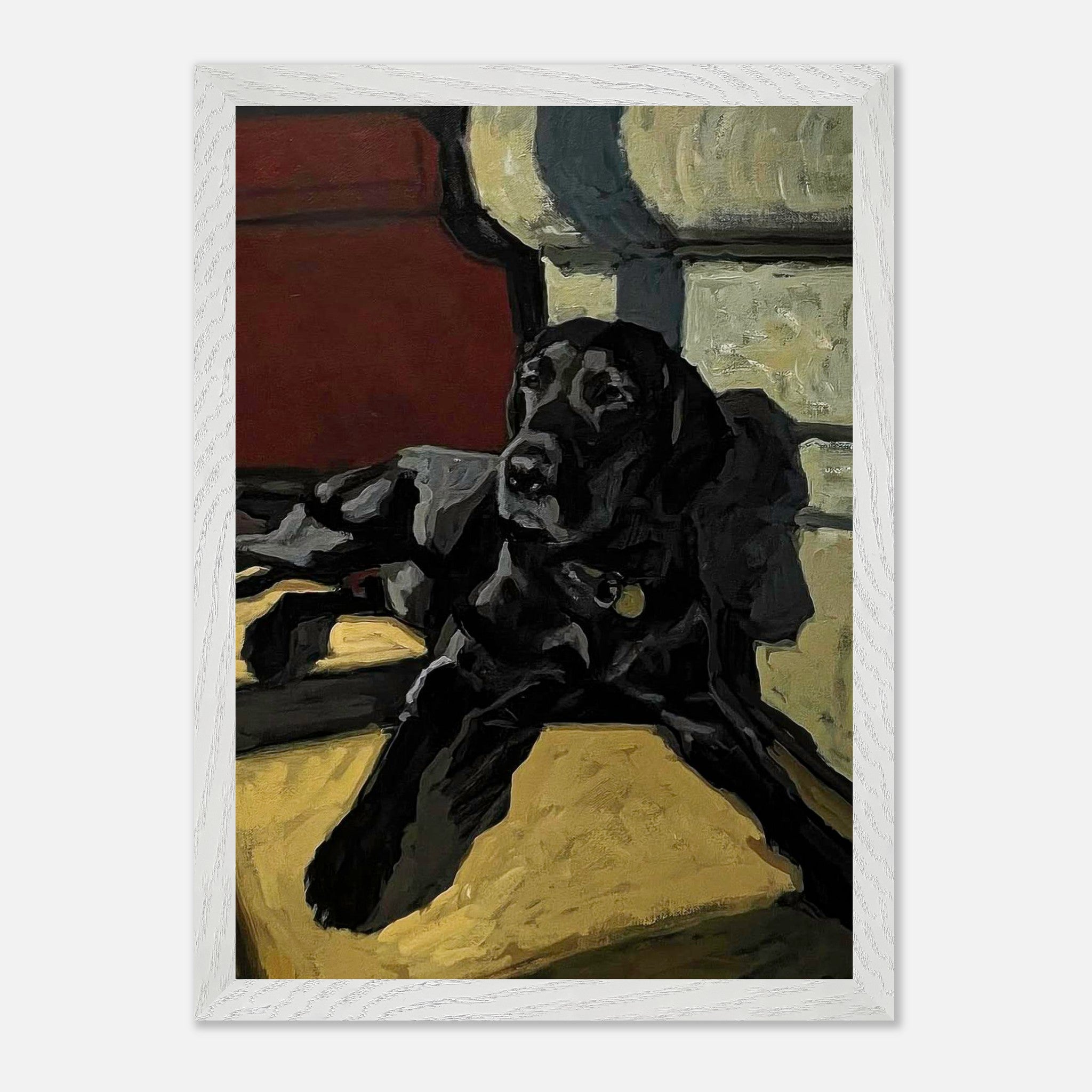 Black Labrador dog painting in vintage frame, capturing warmth and charm with expressive brushstrokes.
