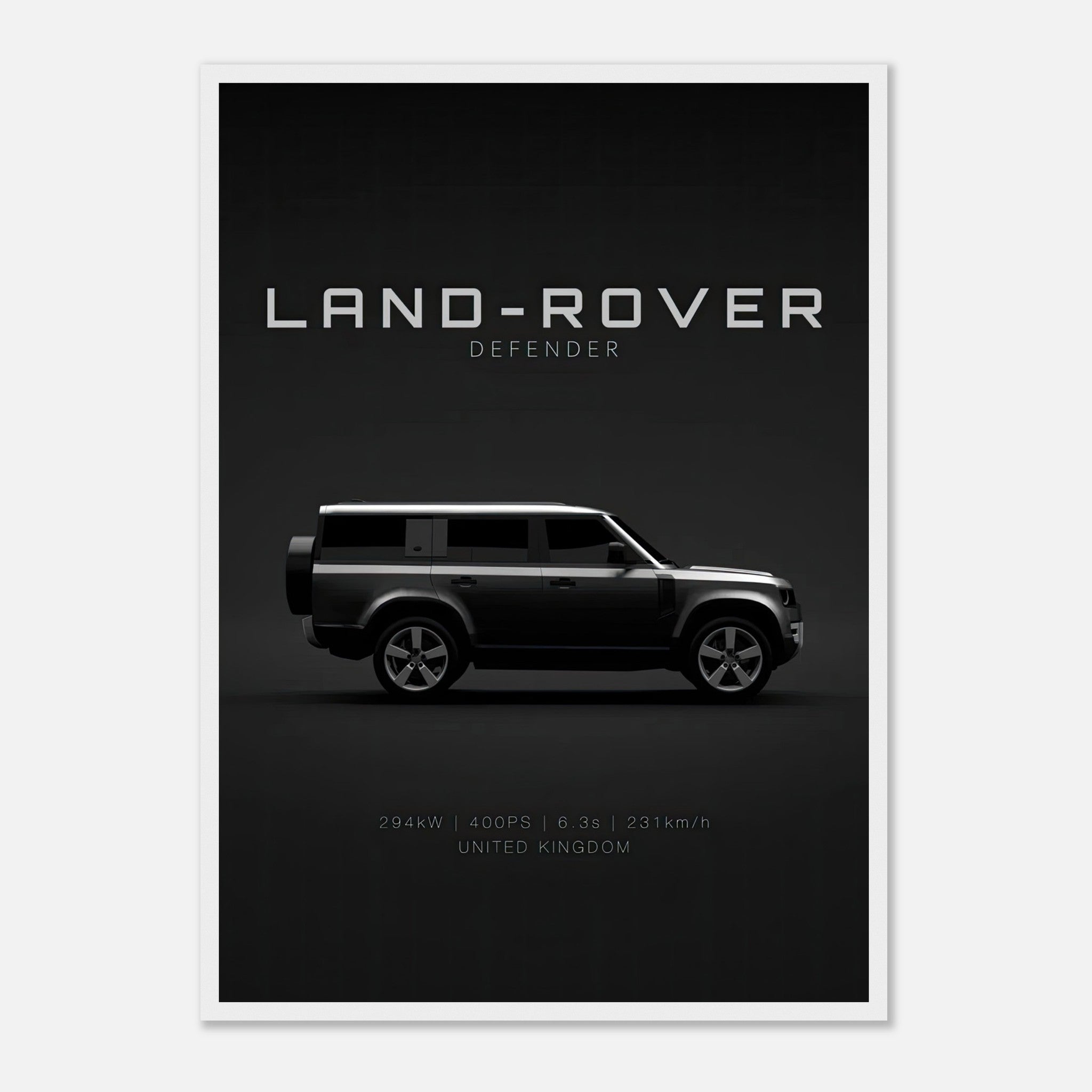 Land Rover Defender framed print with a sleek side profile showcasing its rugged elegance and modern design.