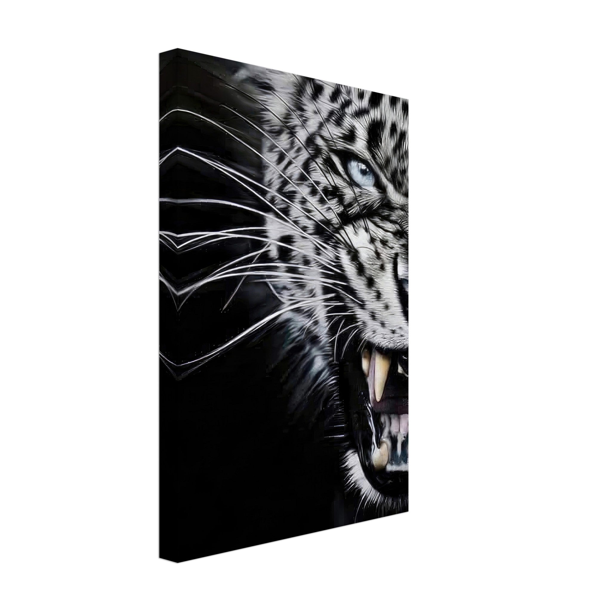Leopard close-up portrait canvas print showcasing intense gaze and details of fur and fangs on a black background.