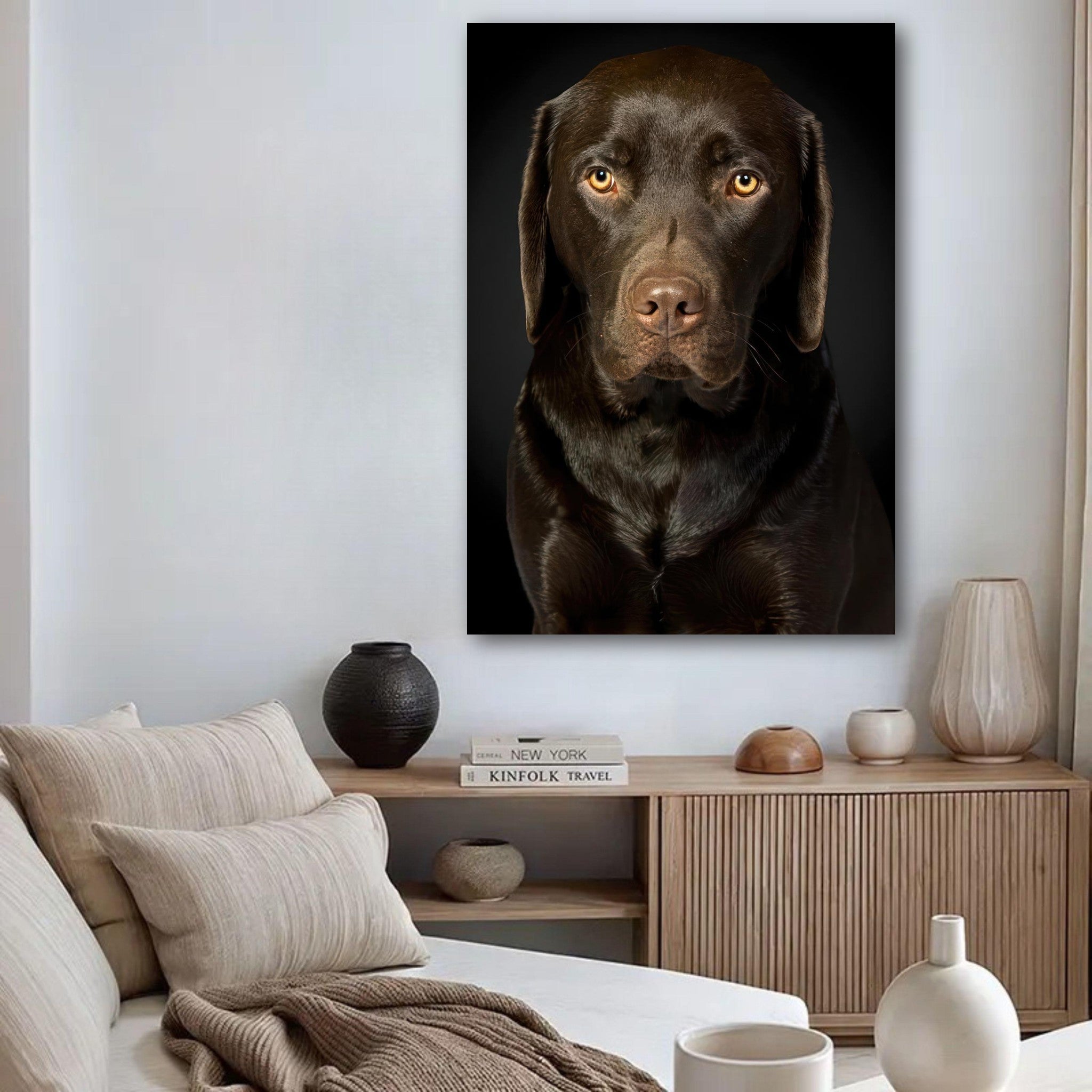 Chocolate Labrador portrait poster displayed in a modern living room setting, showcasing its beautiful gaze and sleek coat.