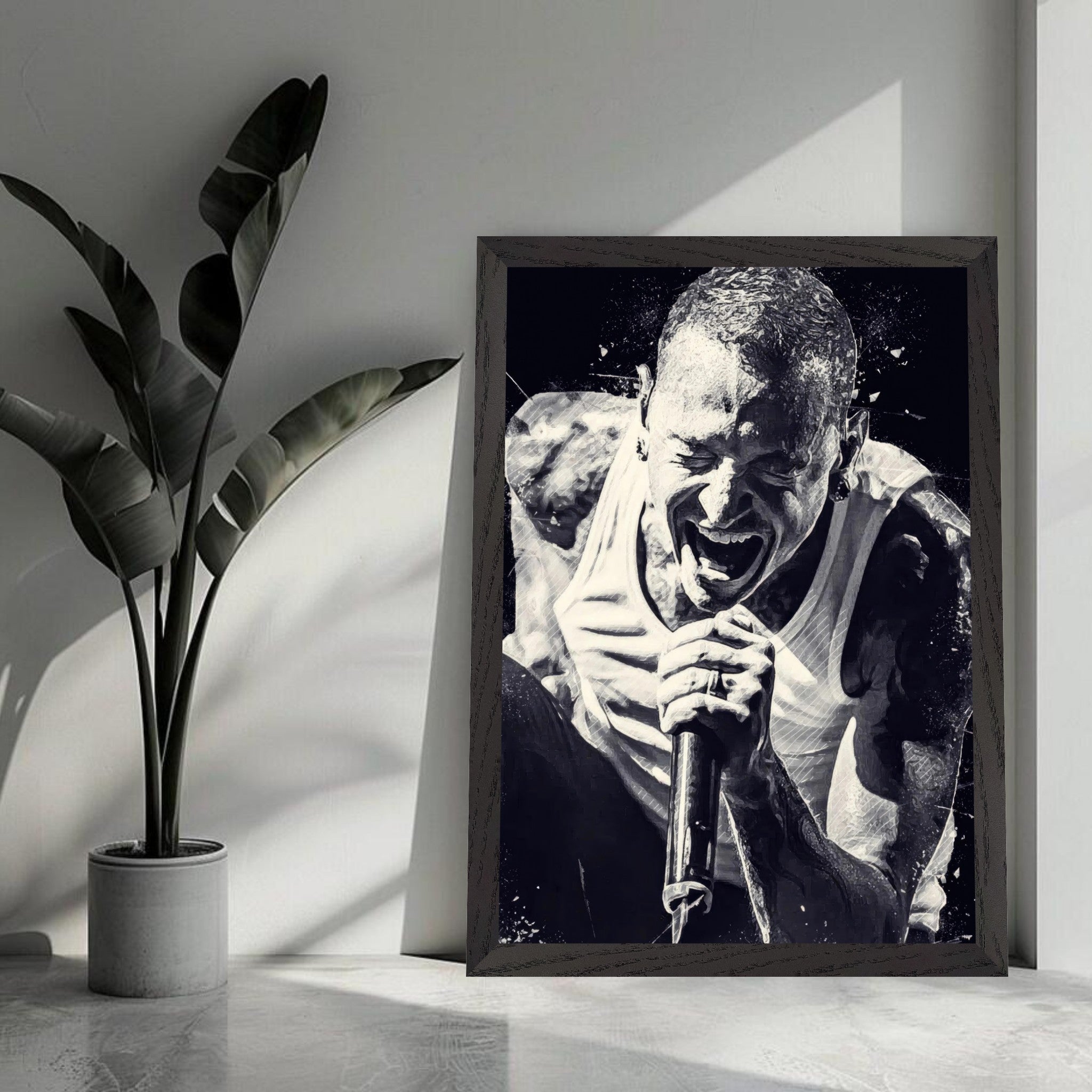 Chester Bennington vintage framed print showcasing intense performance in black-and-white, perfect for rock music fans.