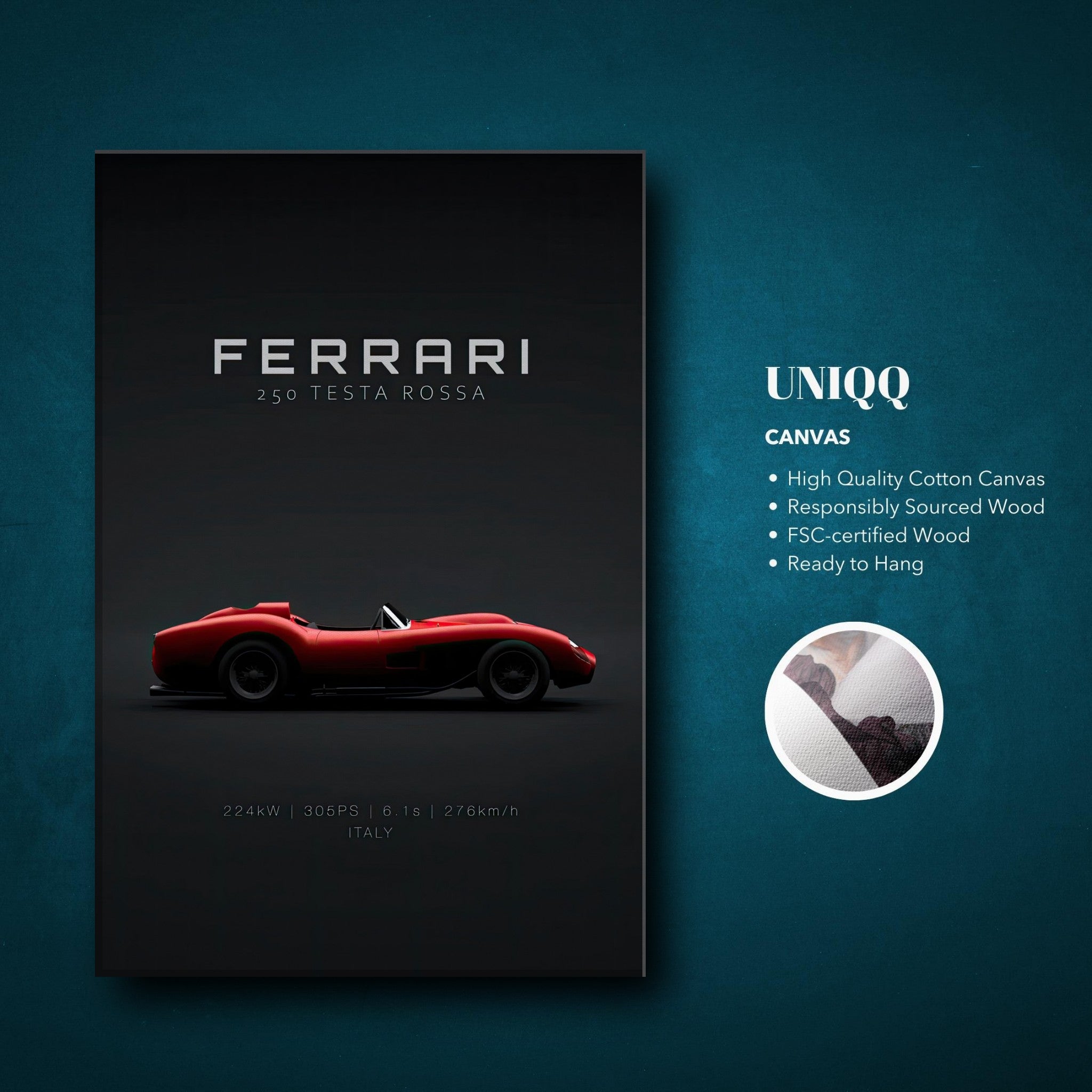 Ferrari 250 Testa Rossa canvas artwork, featuring a red sports car on a black background, perfect for décor.