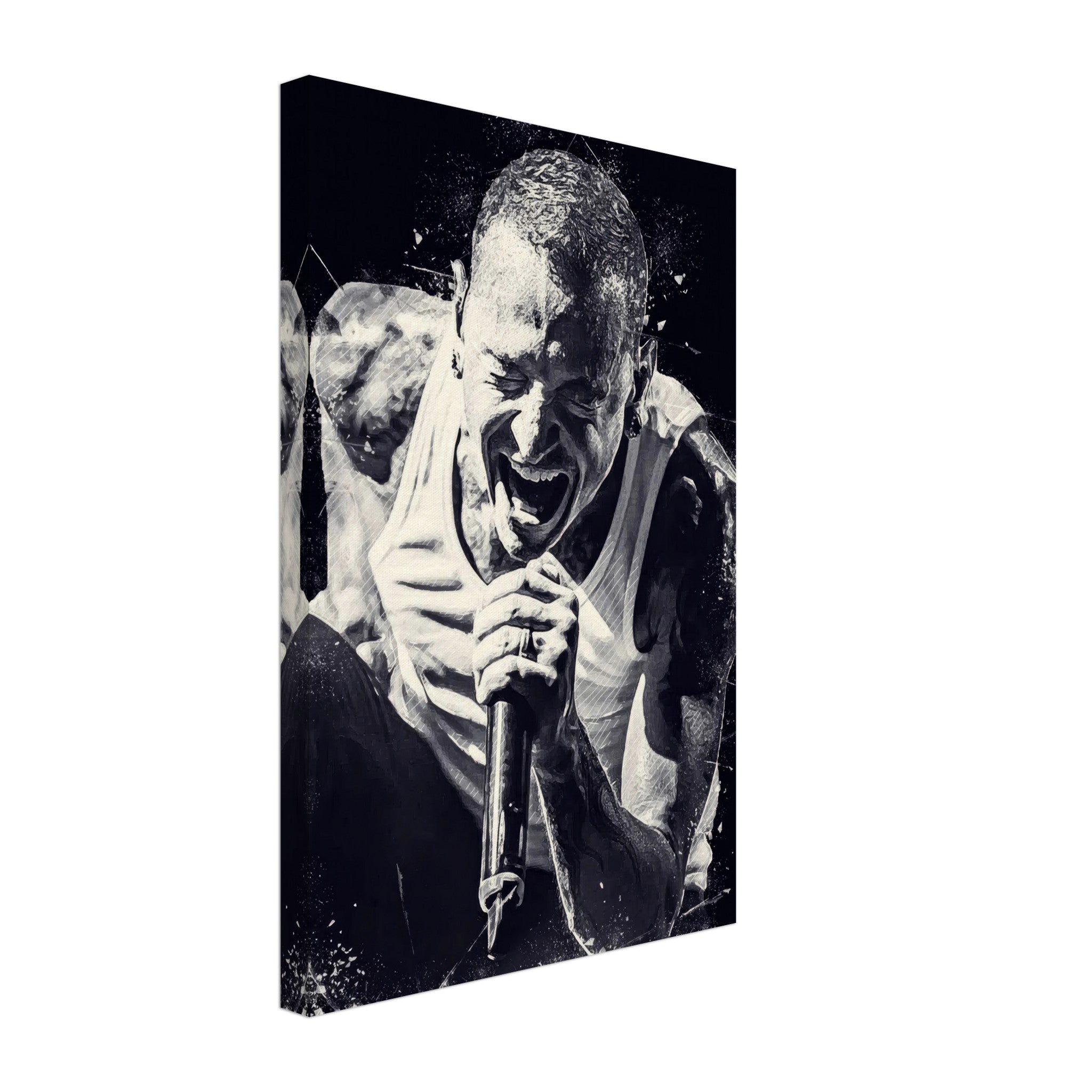 Chester Bennington canvas print showcasing intense performance energy in striking black-and-white design.