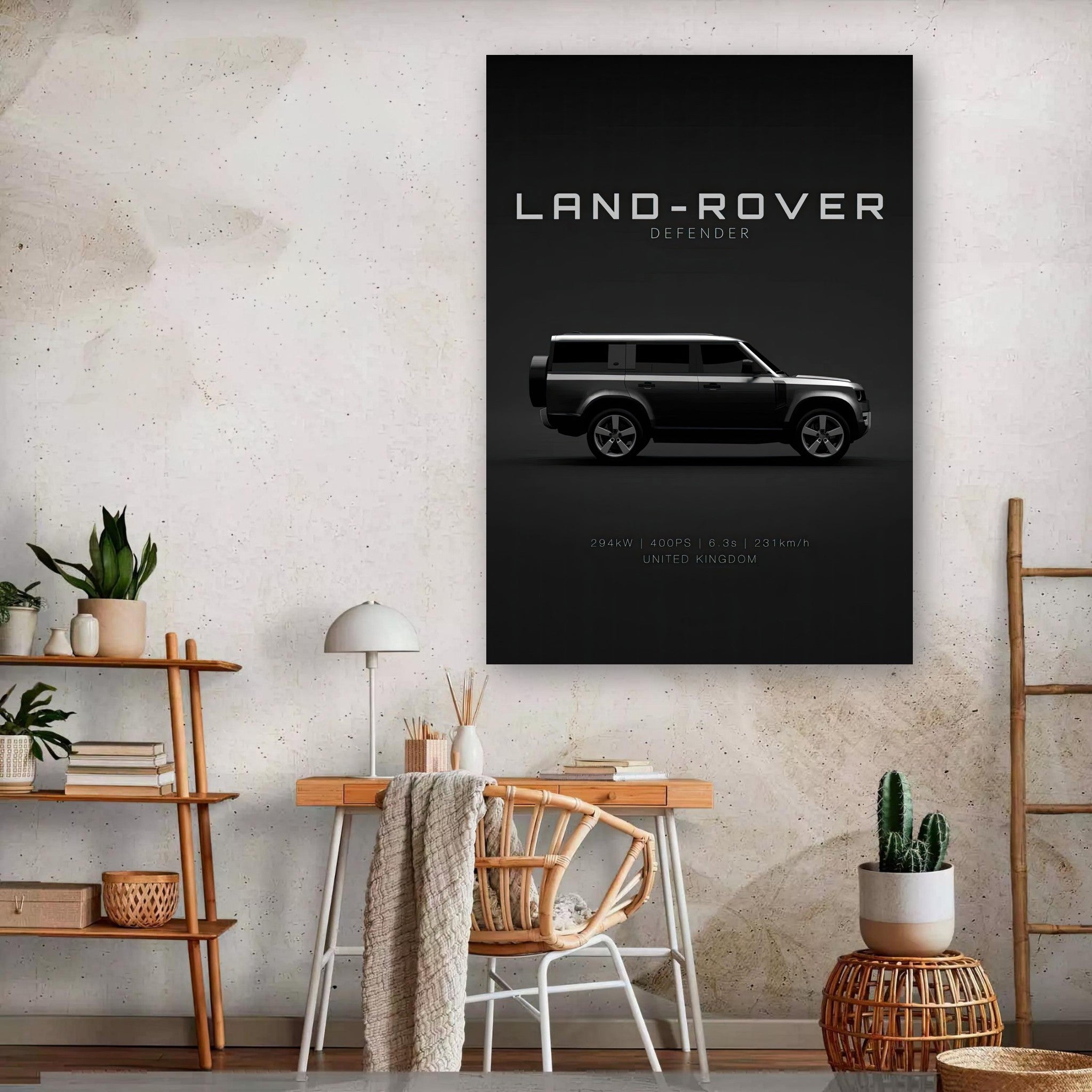 Land Rover Defender metal print showcasing a sleek profile against a black background, perfect for modern wall decor.