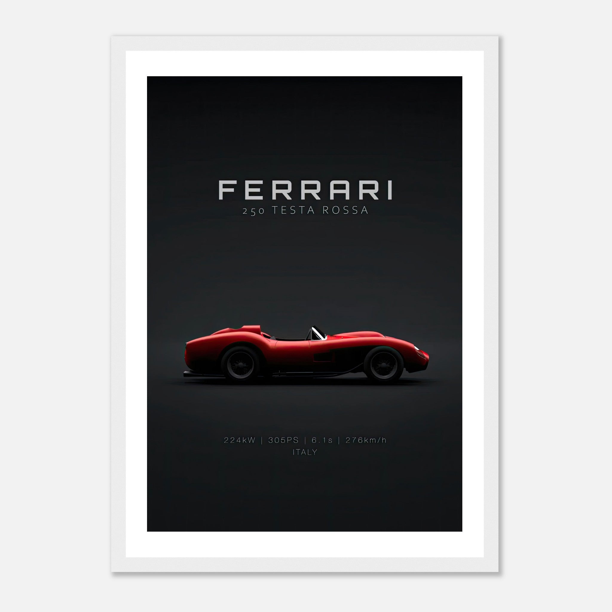 Ferrari 250 Testa Rossa framed poster showcasing sleek car design on a minimalist black background.
