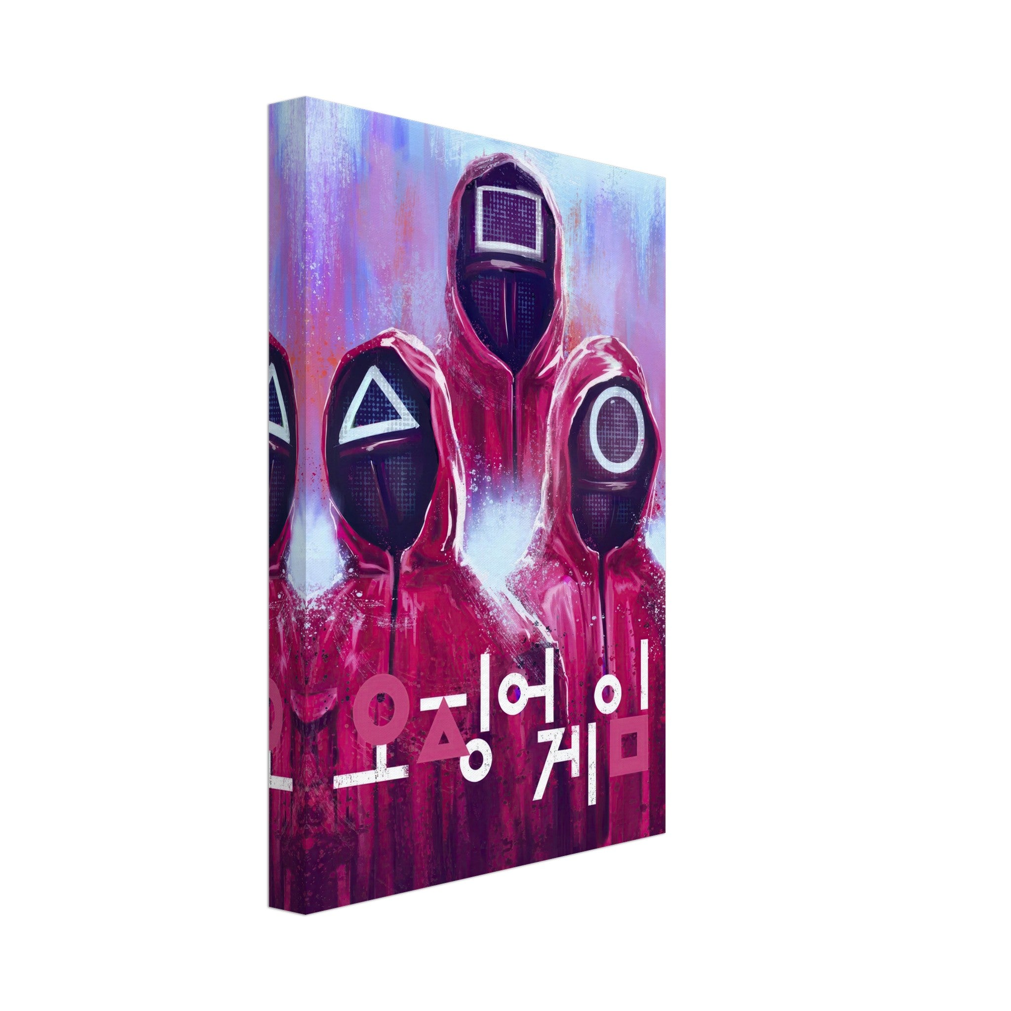 Squid Game canvas print featuring iconic masked characters in vibrant red and purple with Korean text for an authentic touch.