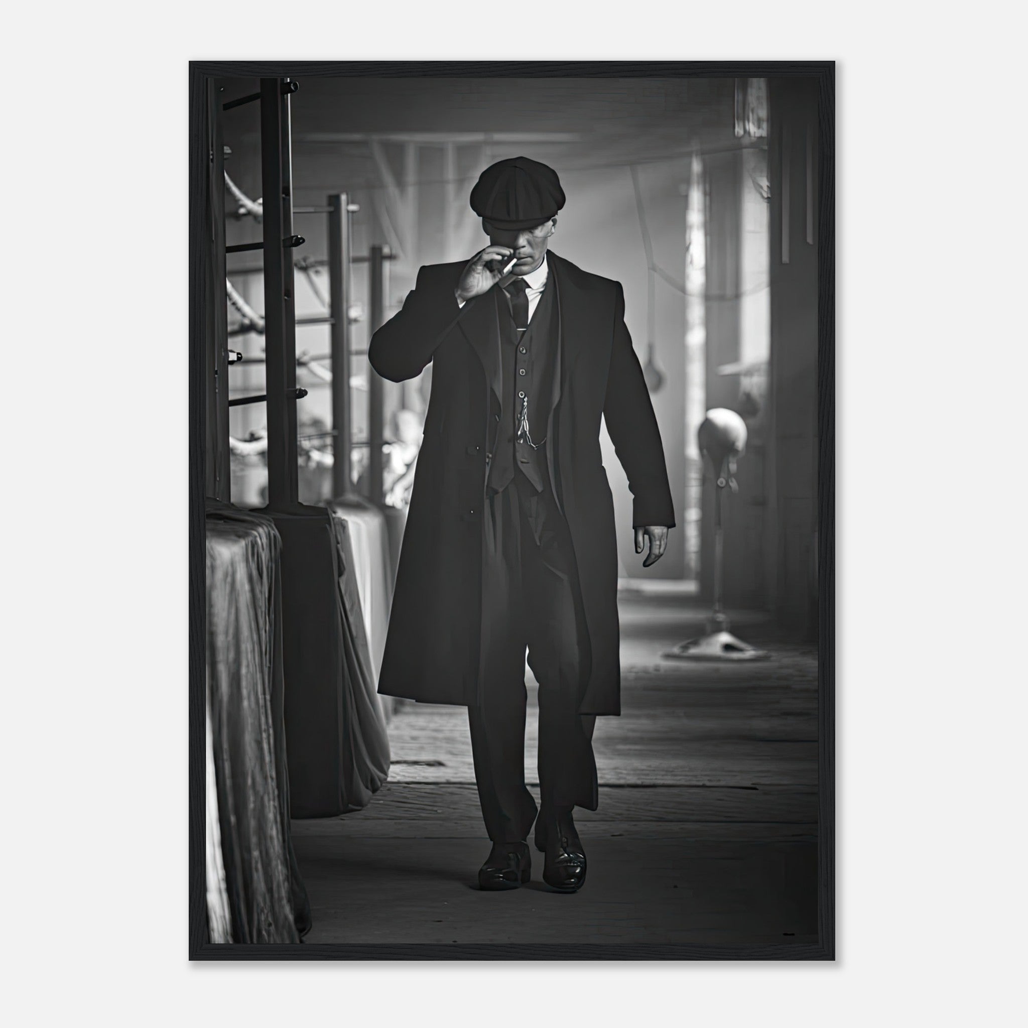 Tommy Shelby black-and-white framed print inspired by Peaky Blinders, featuring iconic 1920s Birmingham style.