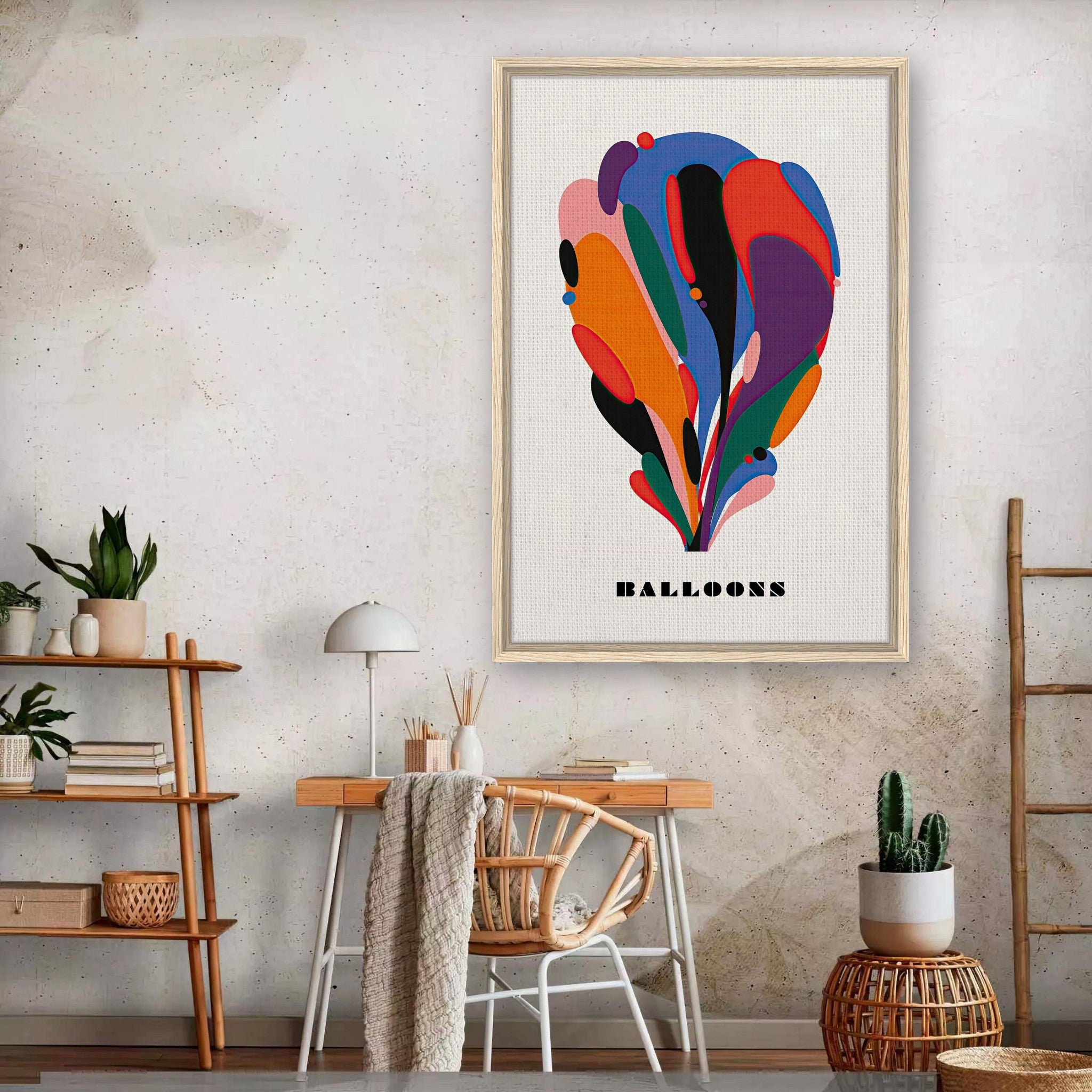 Abstract Balloon Art Framed Canvas Print featuring vibrant colors and modern design, ideal for enhancing home decor.