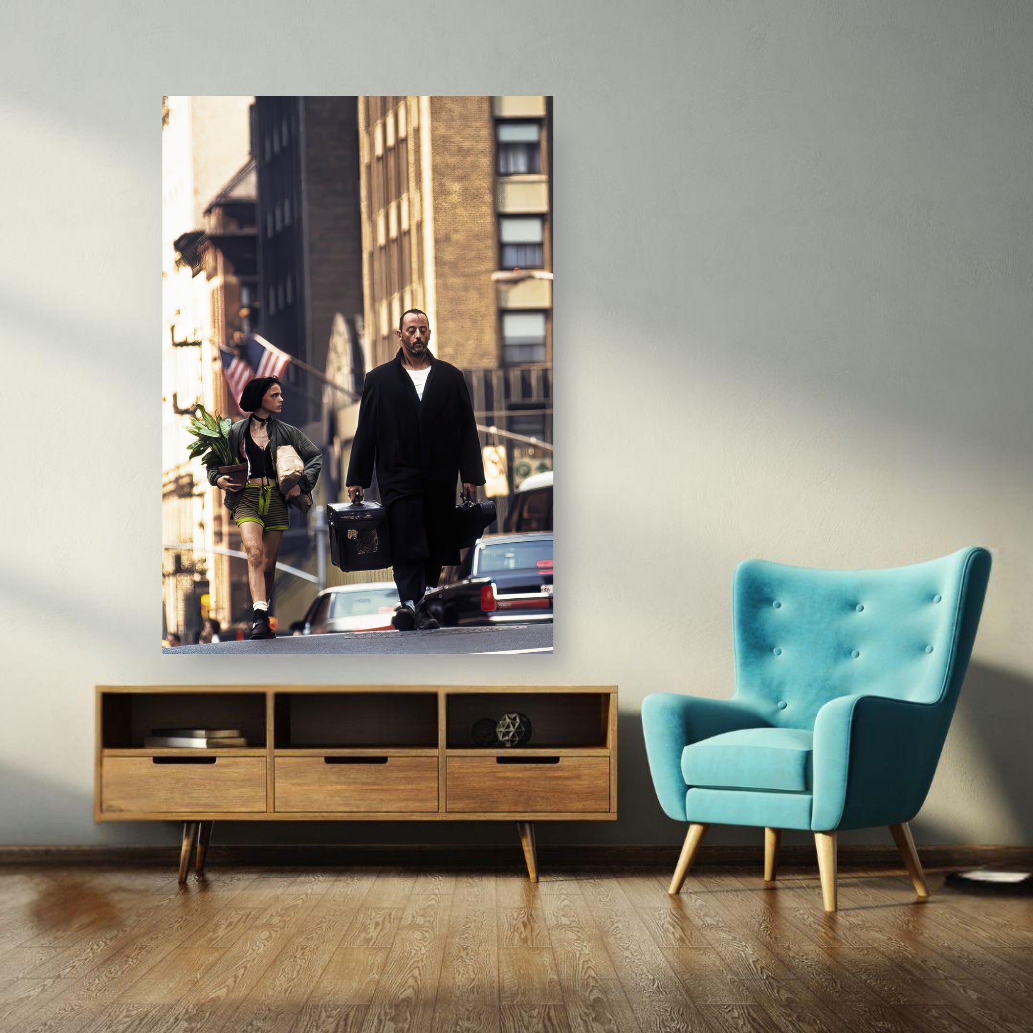 Jean Reno and Natalie Portman walking in New York City from the film Leon, poster in a modern living room.
