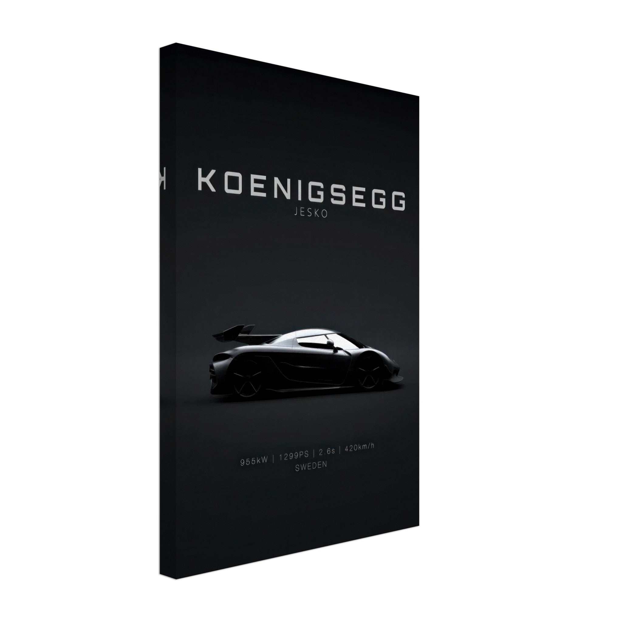 Koenigsegg Jesko canvas art featuring a sleek silhouette on a minimalistic black background, showcasing automotive elegance.