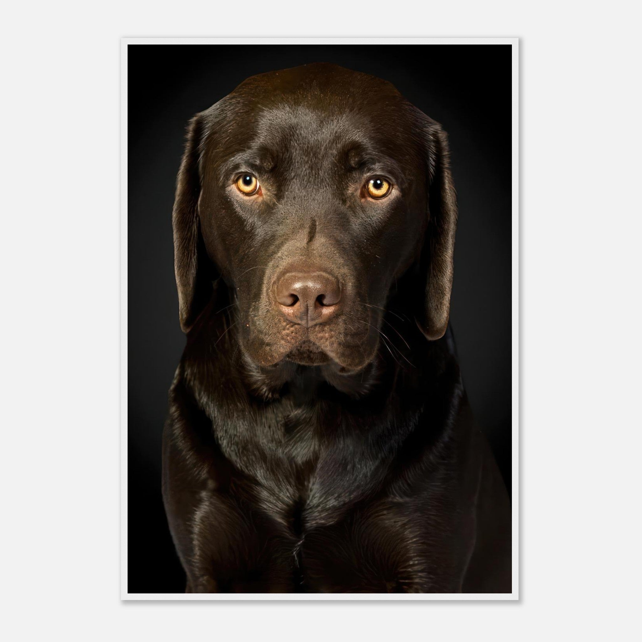 Chocolate Labrador portrait framed print featuring a lifelike depiction of a Labrador Retriever on a black background.