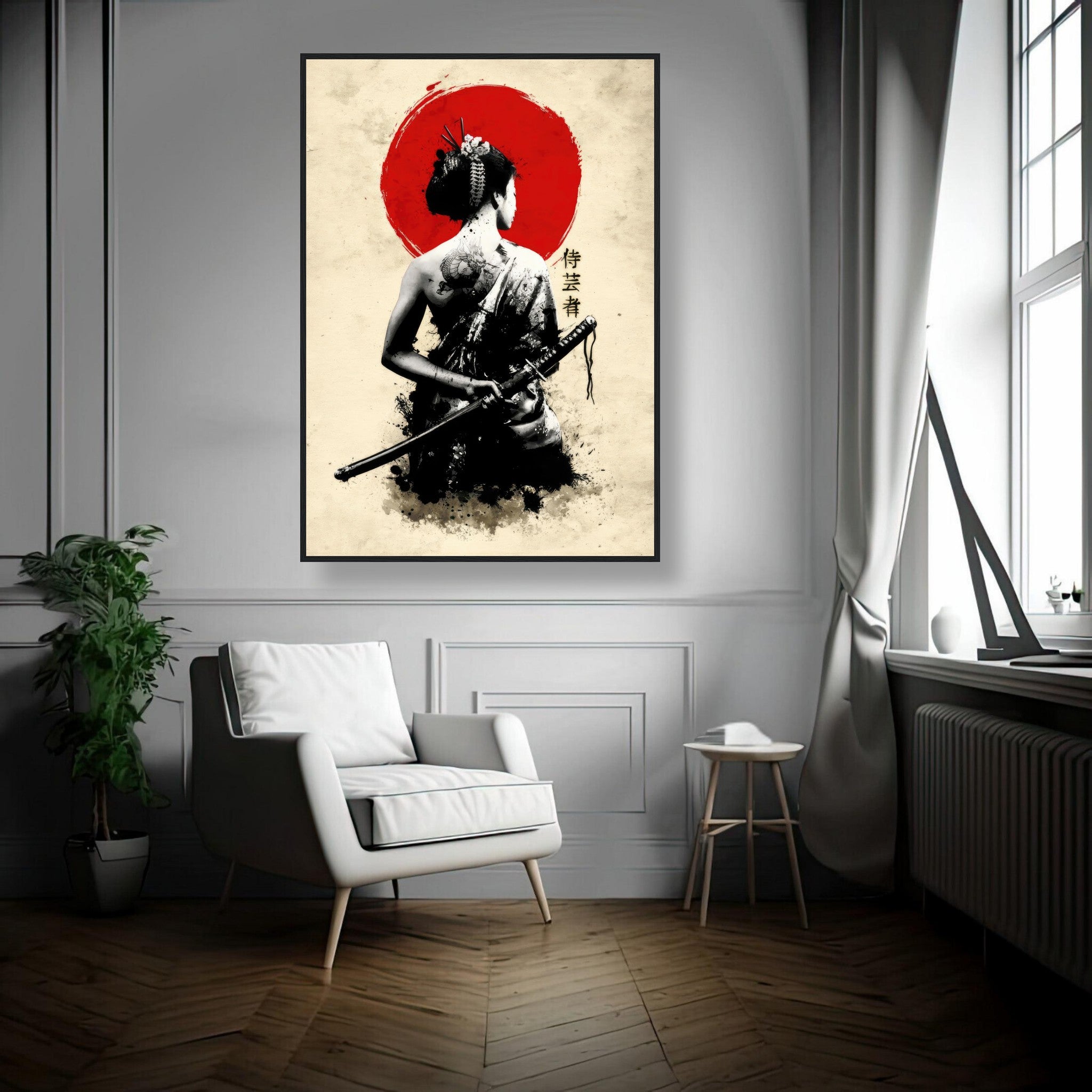 The Samurai Geisha framed print showcasing a geisha with a katana against a red sun backdrop in a stylish living room.