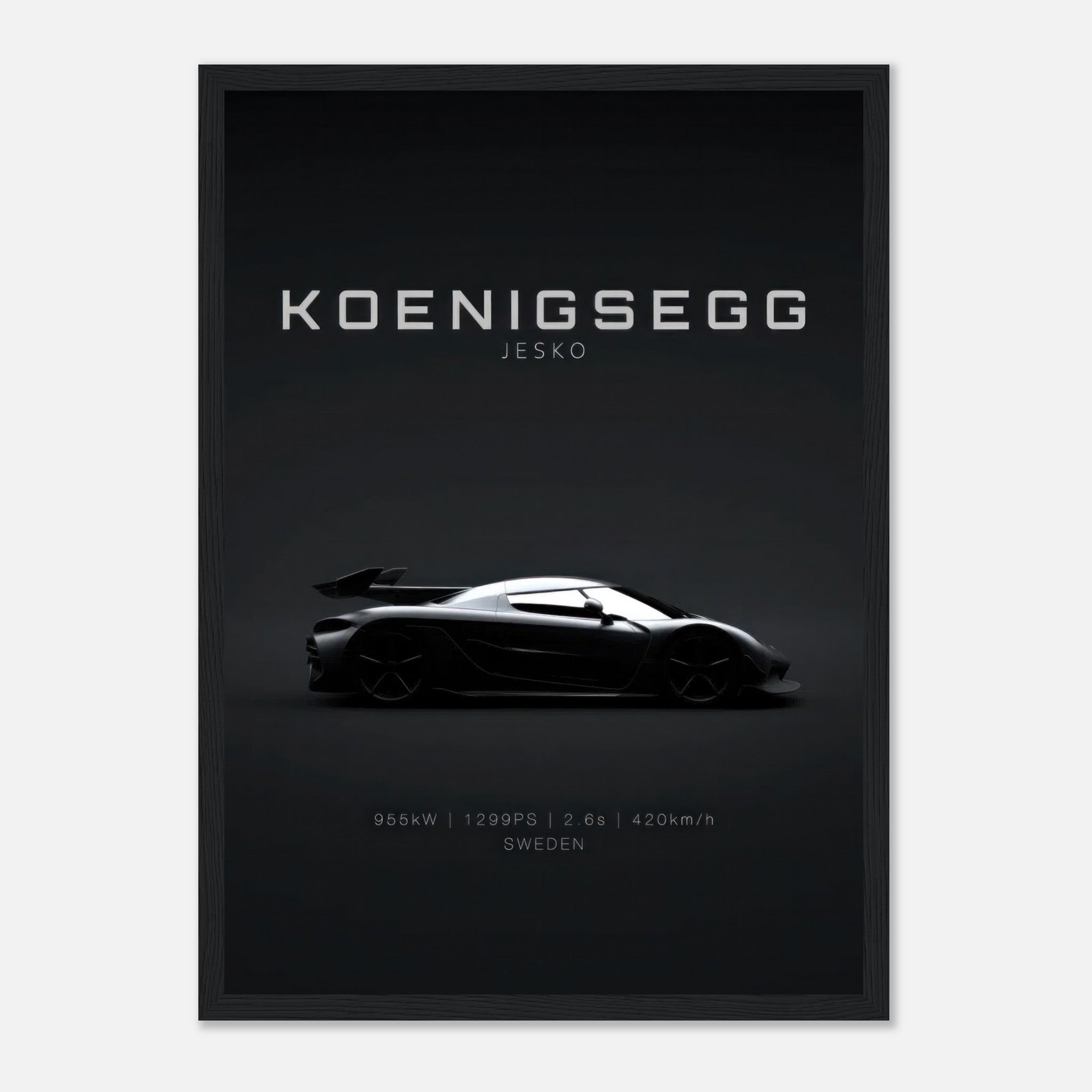 Koenigsegg Jesko framed poster featuring a sleek silhouette on a minimalist black background.