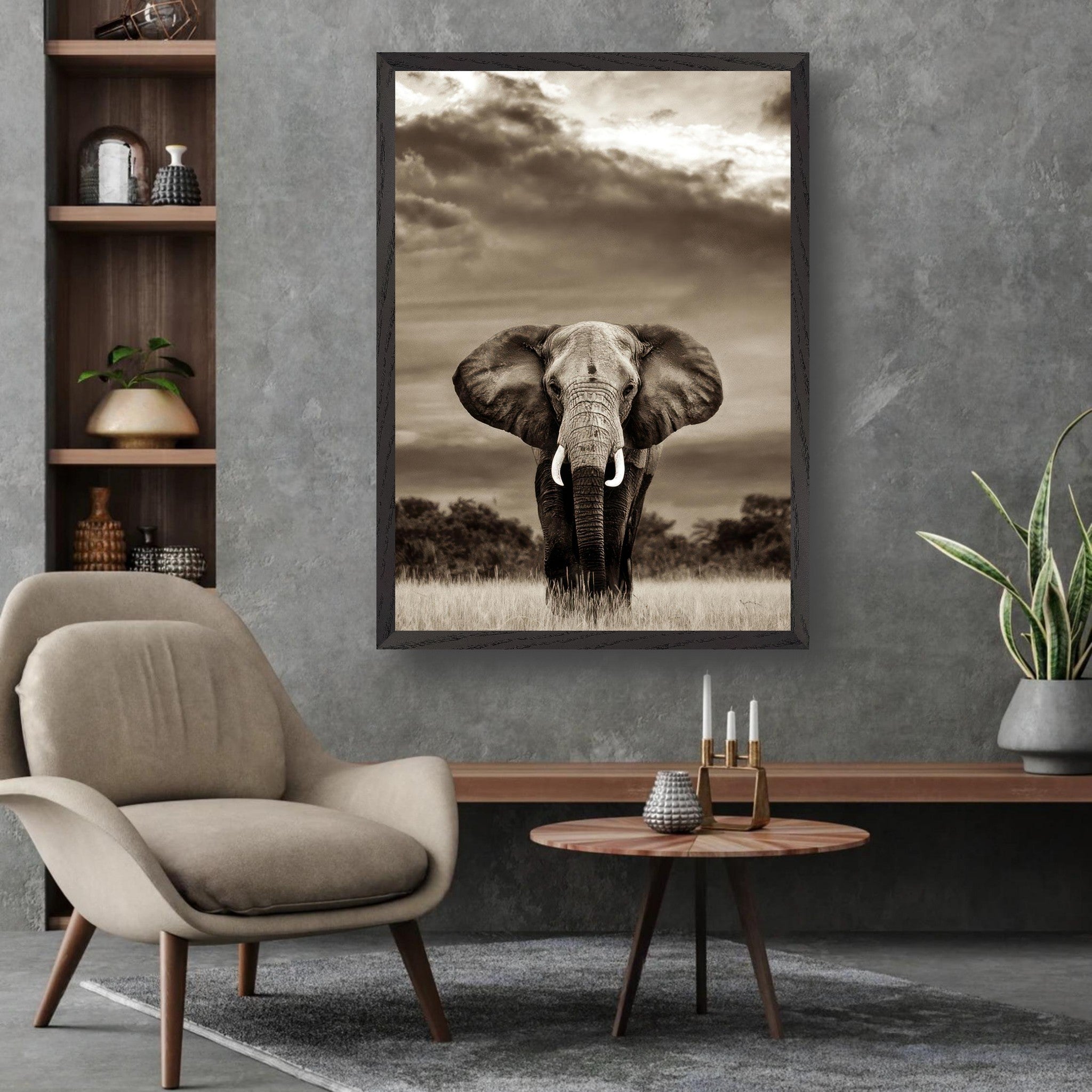 Stunning black-and-white elephant portrait photography displayed in a modern home interior, showcasing natural beauty.