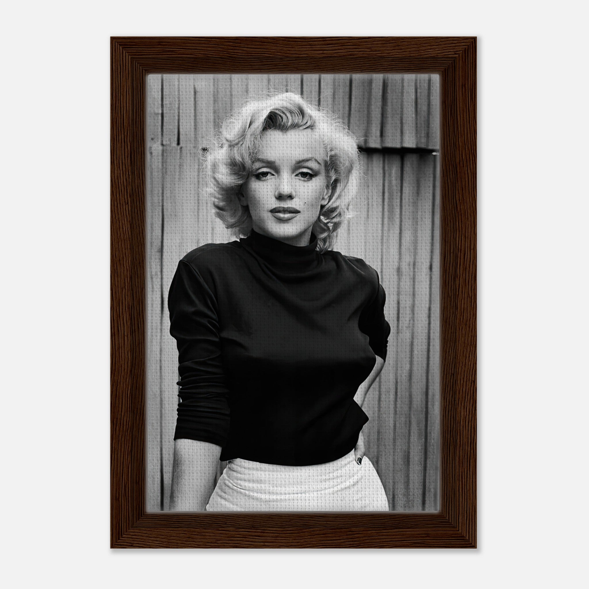 Marilyn Monroe black-and-white portrait framed canvas print, showcasing her iconic beauty and timeless elegance.
