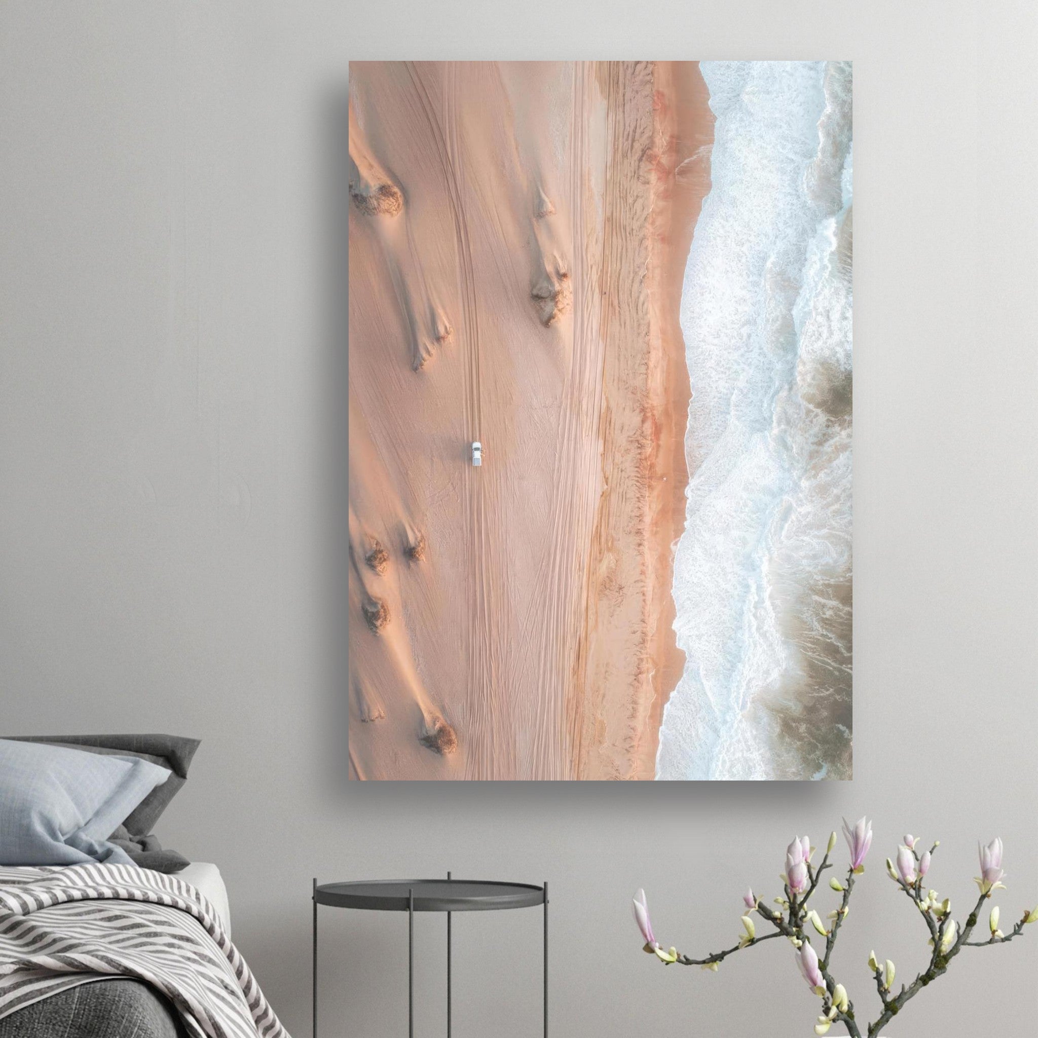 Drone photography poster of golden desert dunes meeting ocean waves, showcasing nature's breathtaking contrast.