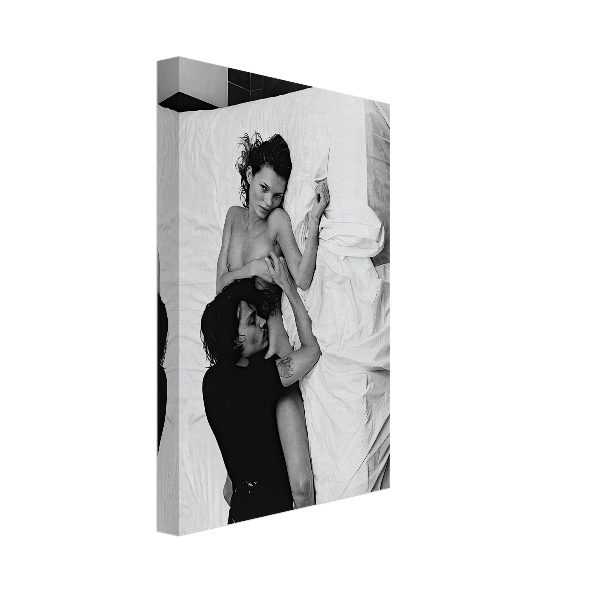 Kate Moss and Johnny Depp black-and-white canvas print, capturing 90s glamour and intimacy.