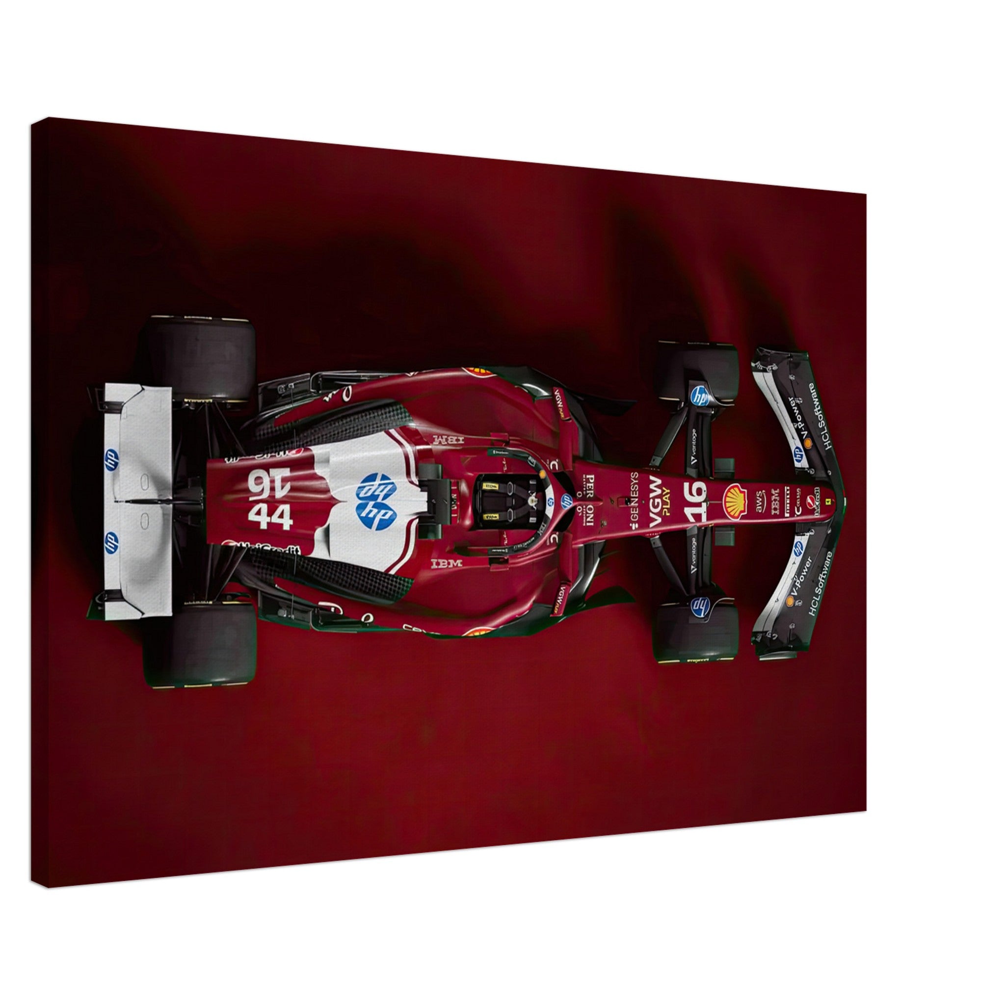 Top-down view of Ferrari F1 2025 canvas print showcasing sleek design and vibrant red colors.