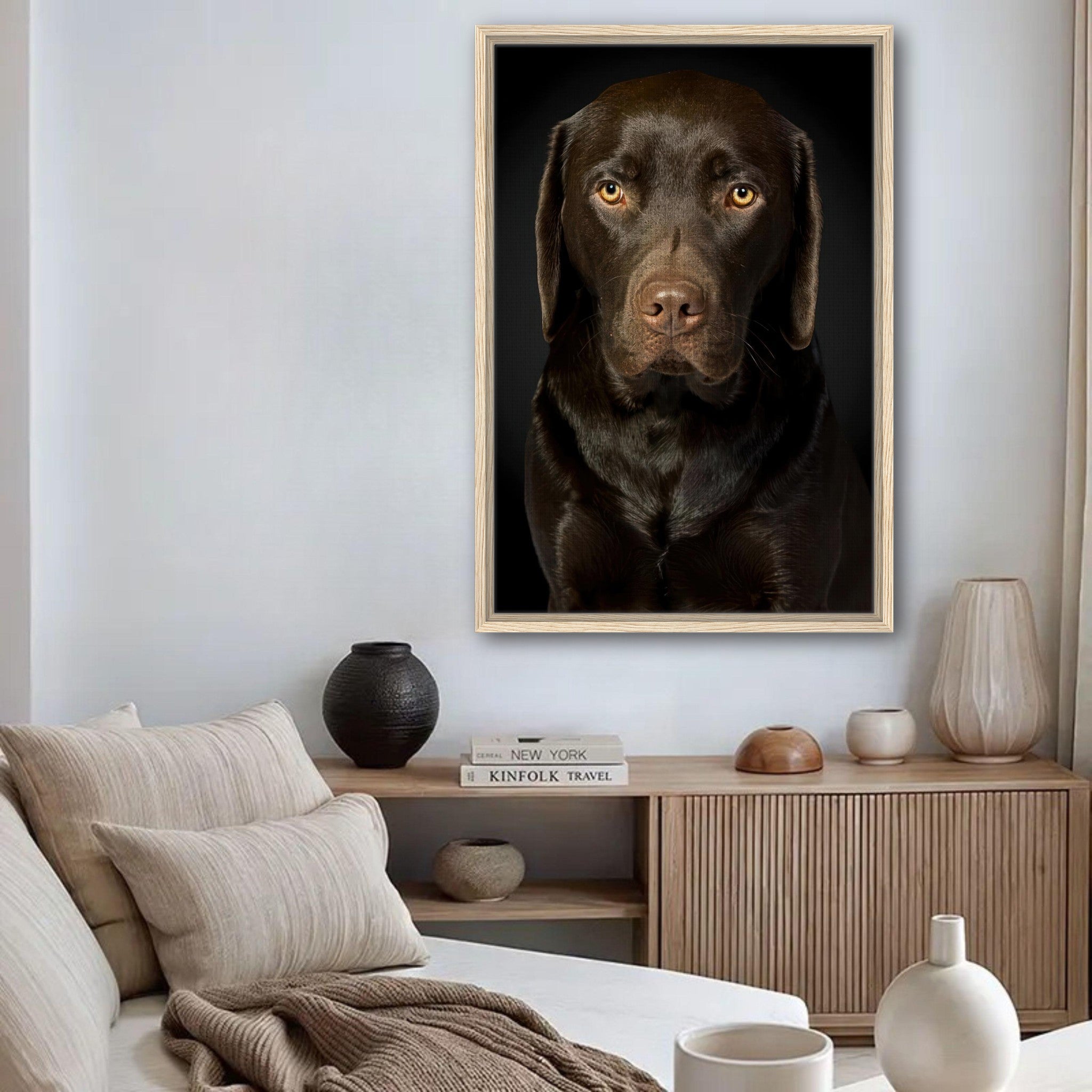 Chocolate Labrador portrait framed canvas print in stylish living room decor.