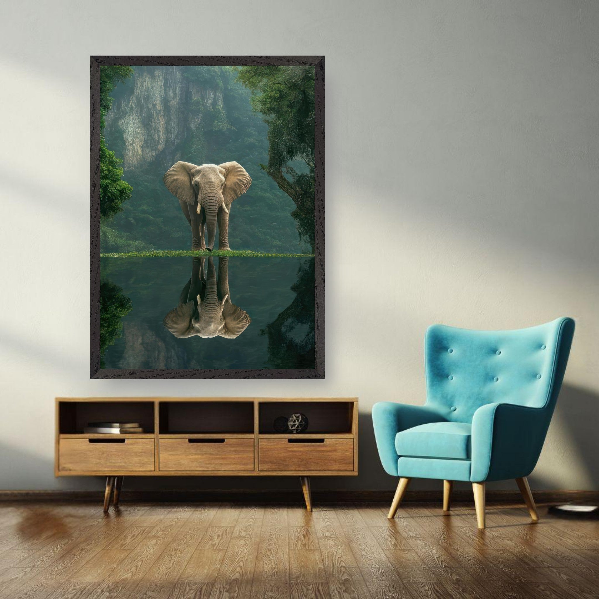 Jungle Elephant Portrait fine art print, showcasing an elephant reflecting in serene water amidst lush greenery.