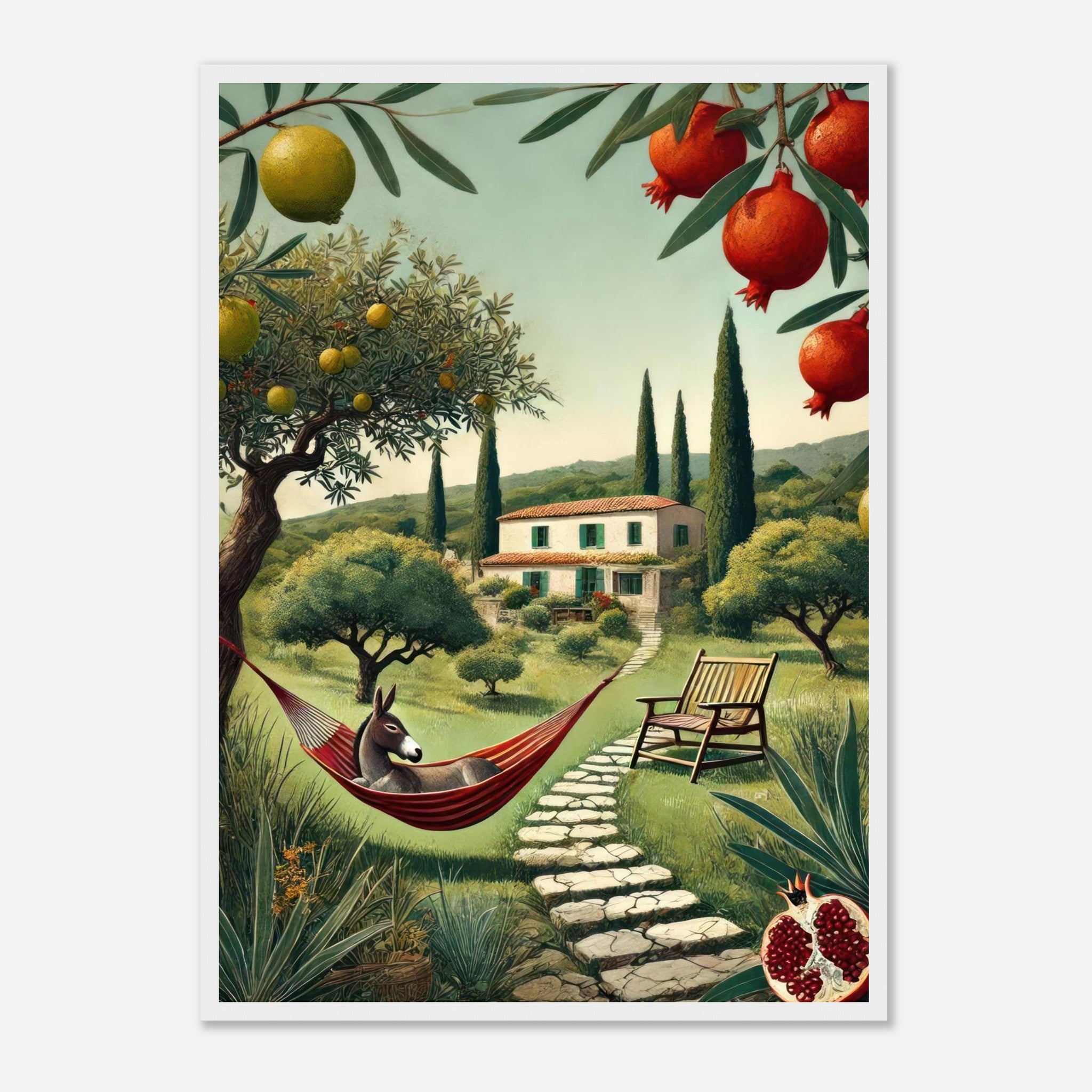 Mediterranean landscape with a donkey in a hammock, villa, fruit trees, and scenic hillside.