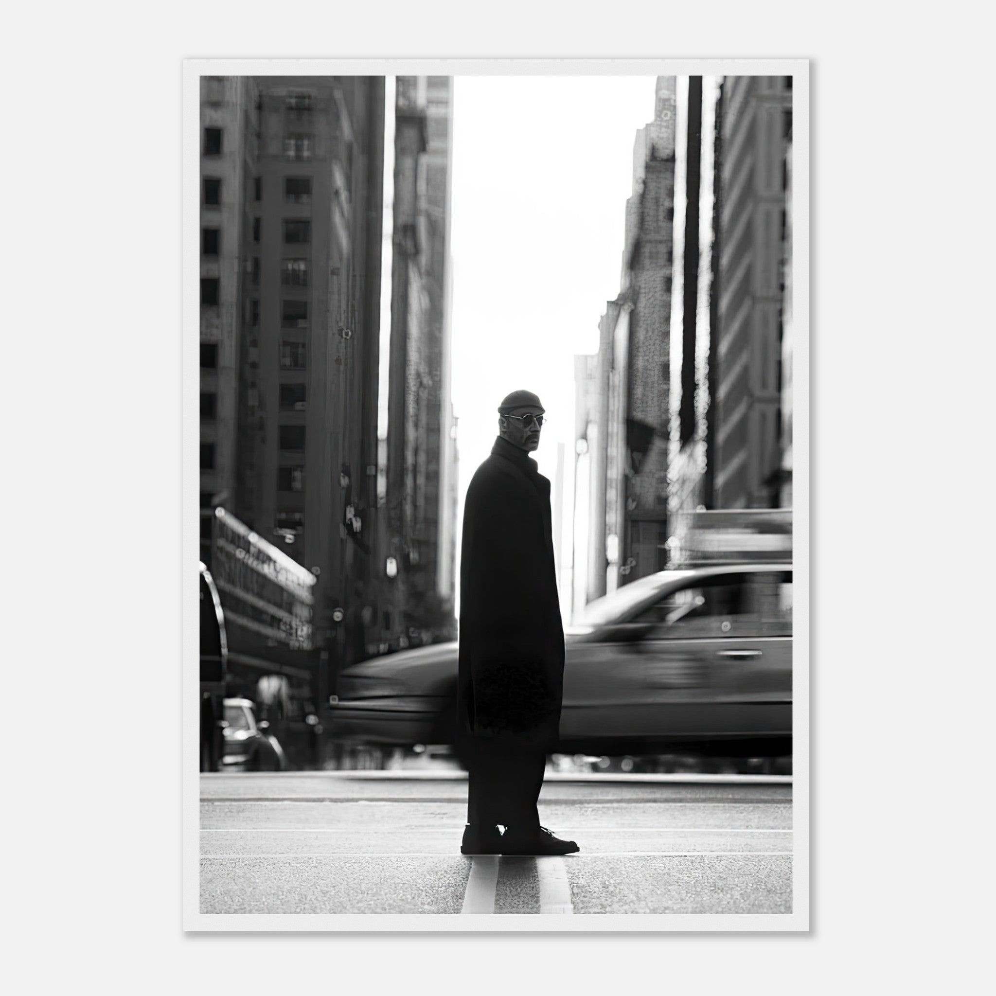 Black-and-white framed print of Jean Reno as Leon in New York, standing confidently amidst bustling city streets.