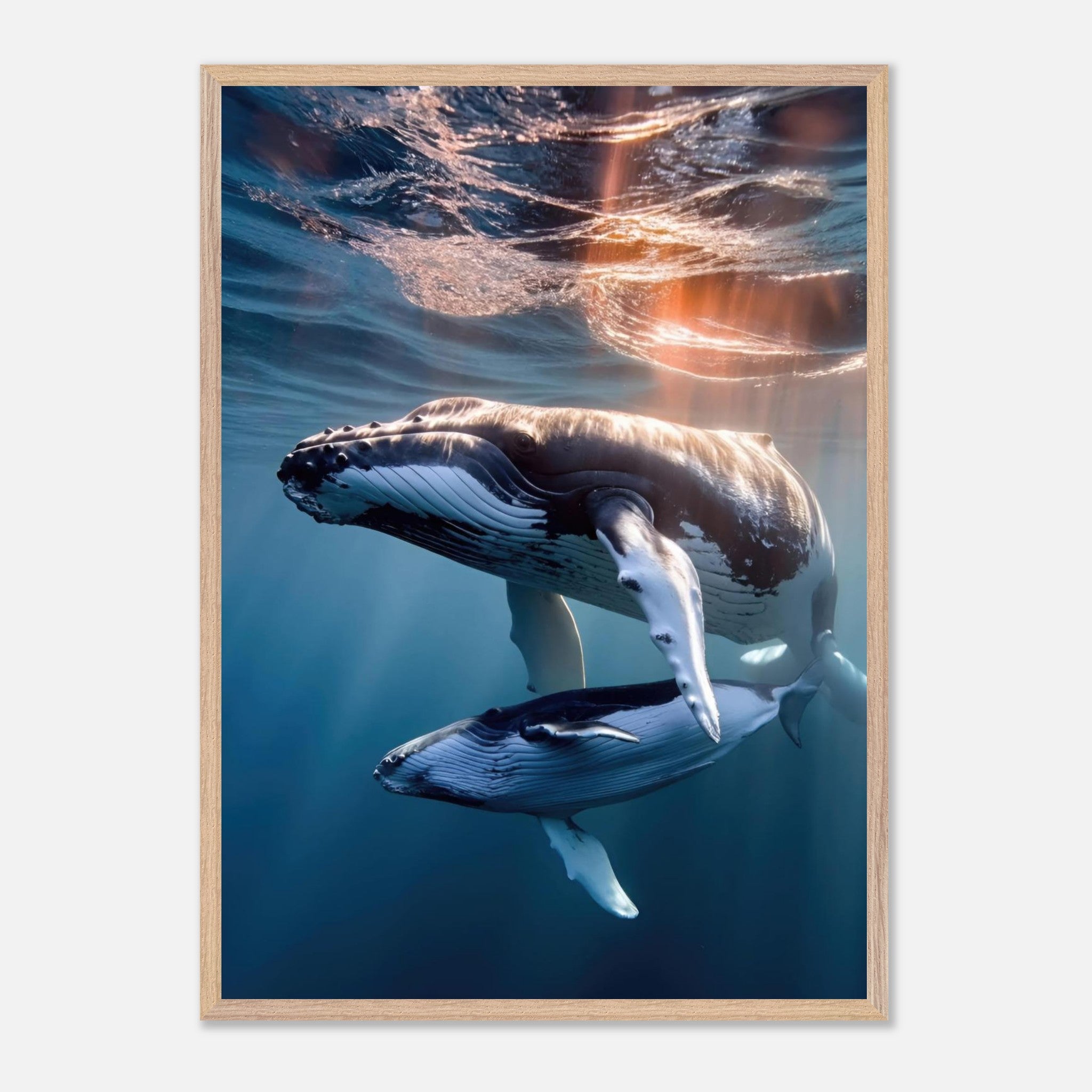 Underwater photography of a humpback whale and calf, showcasing sunlight filtering through water, fine art print.