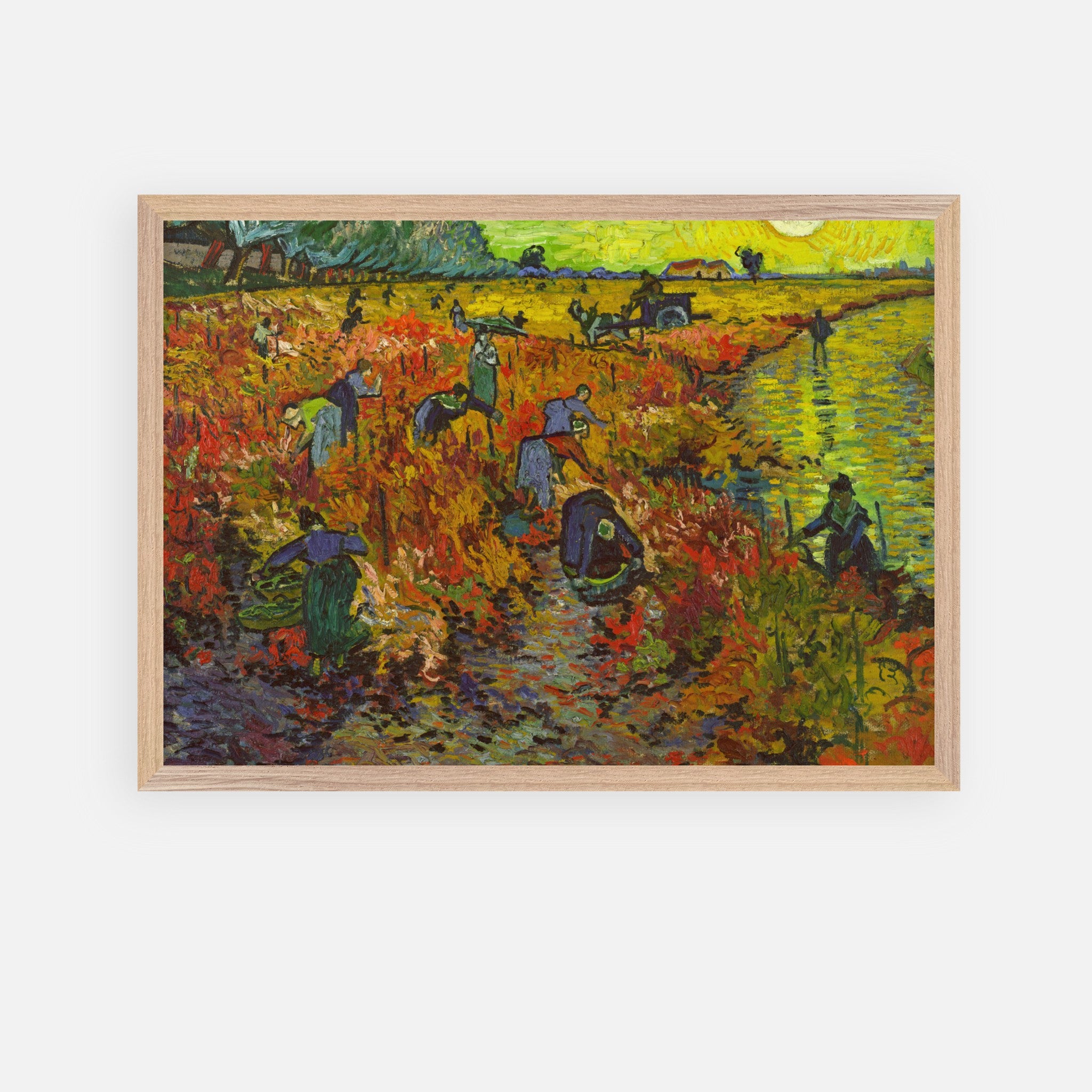 Vincent van Gogh's The Red Vineyard painting depicting autumn workers in vibrant fall colors.