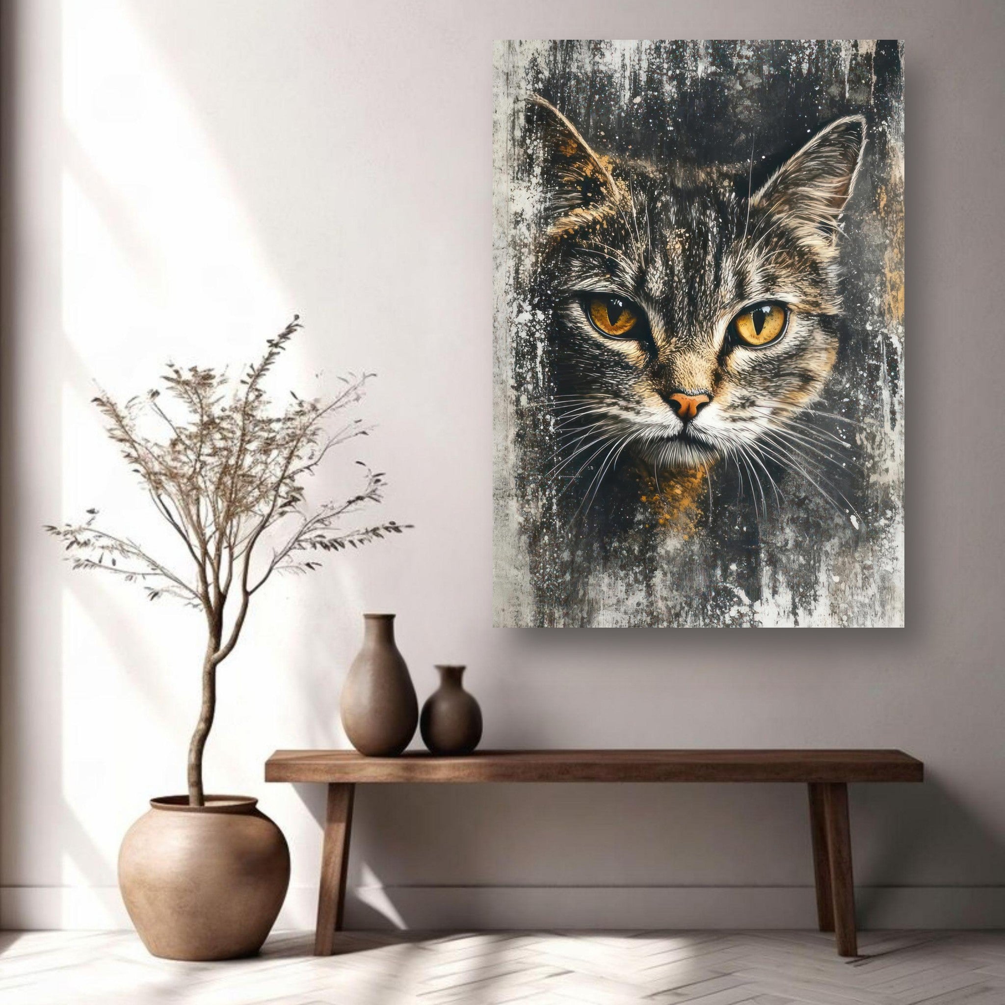 Cat painting metal print featuring a detailed portrait of a cat with striking golden eyes in a modern decor setting.
