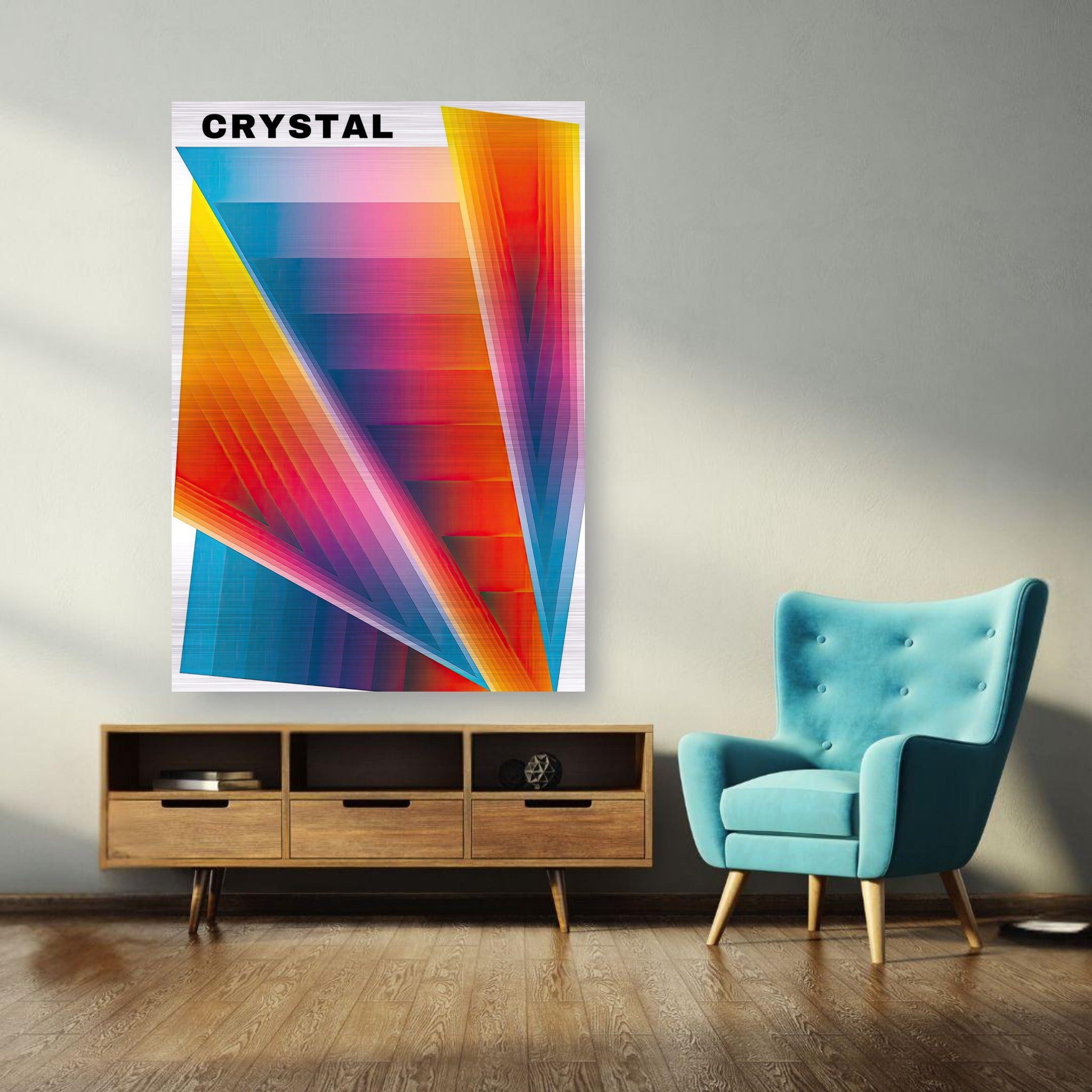 Crystal Abstract Art in vibrant colors displayed on a wall in a modern living space.