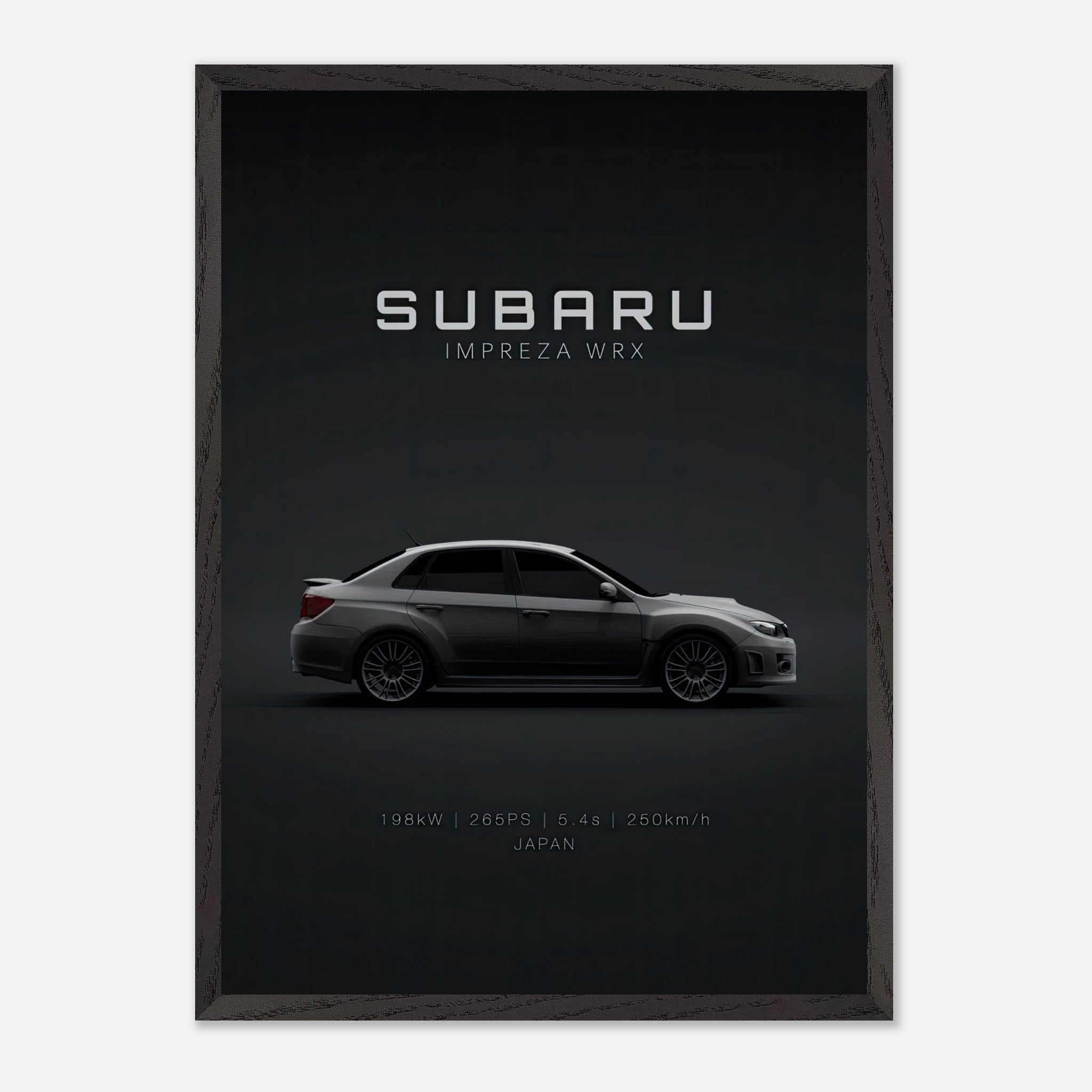 Subaru WRX vintage framed art featuring a detailed side view of the iconic car on a dark backdrop.