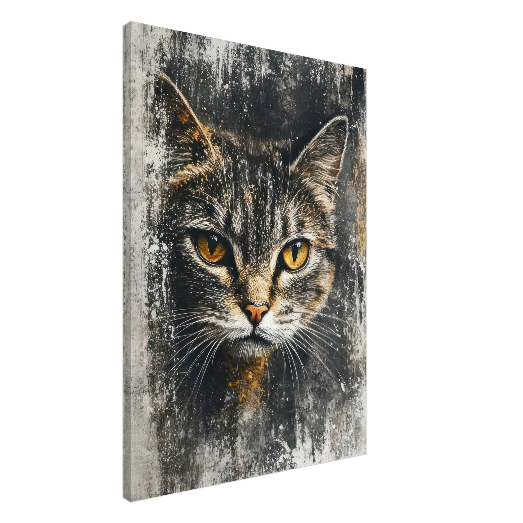 Cat painting artwork canvas print featuring a close-up of a cat's golden eyes on an abstract background.