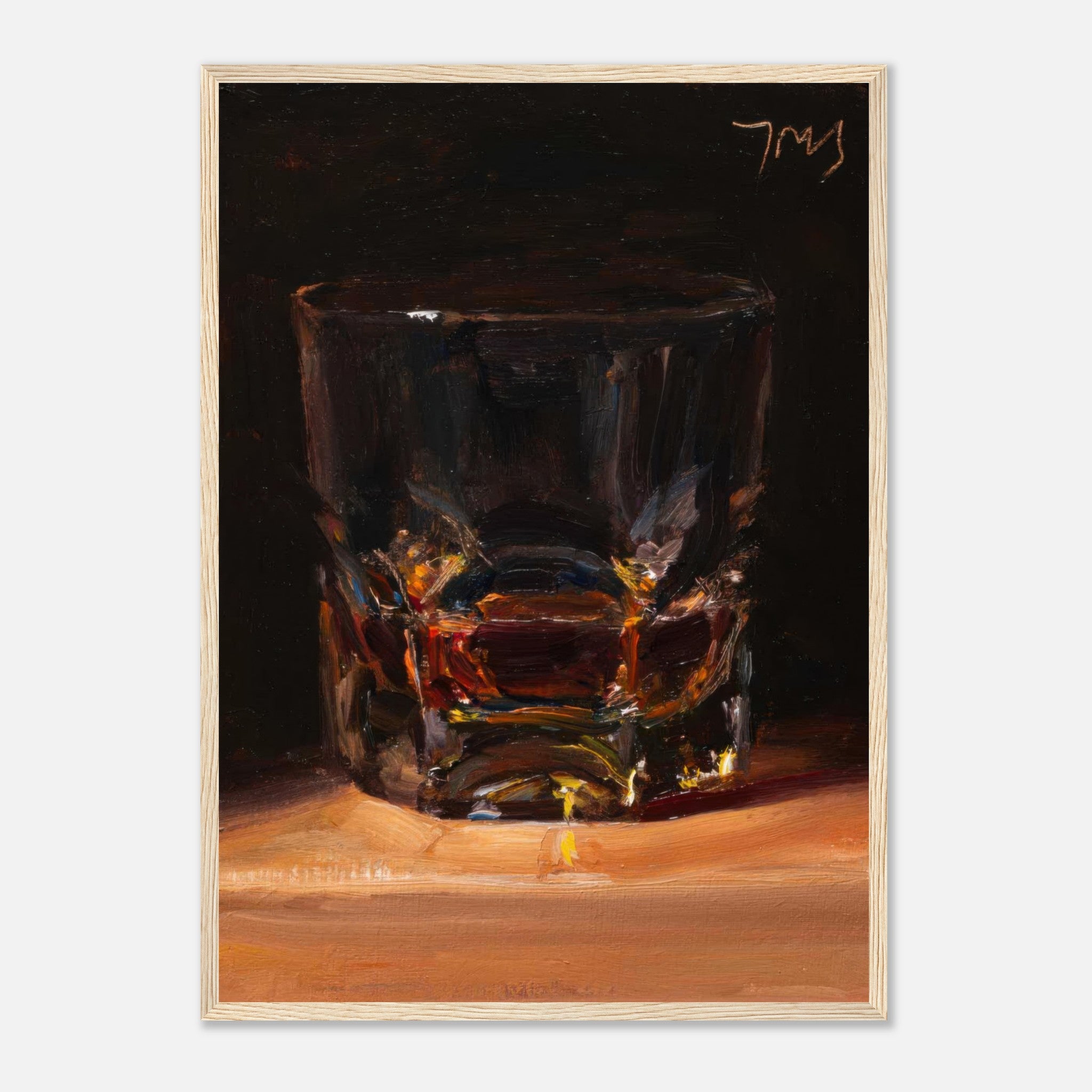 Whiskey framed print showcasing an elegant glass filled with amber whiskey, ideal for home bar decor.