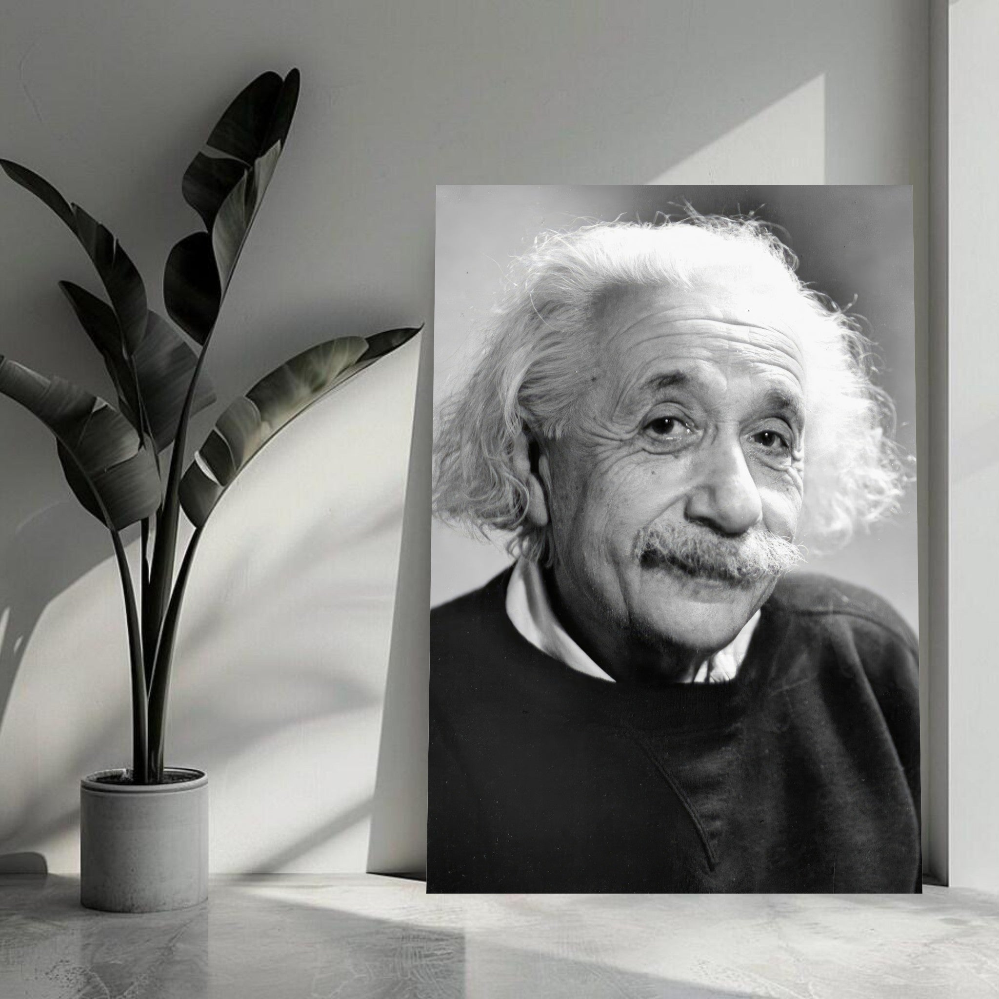 Black-and-white metal print of Albert Einstein from 1946, showcasing his iconic smile and brilliance.