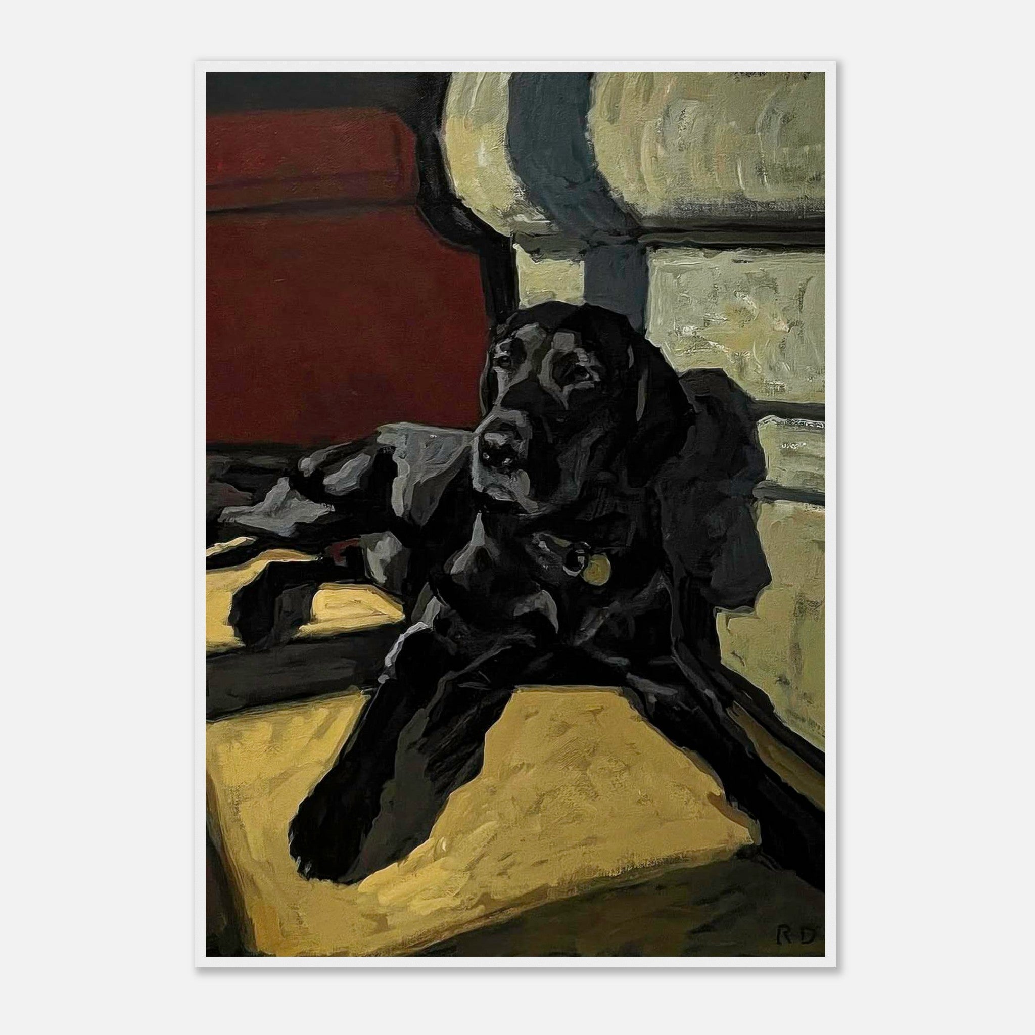 Framed Black Labrador dog painting depicting a loyal dog lounging in a cozy setting with rich earthy tones.