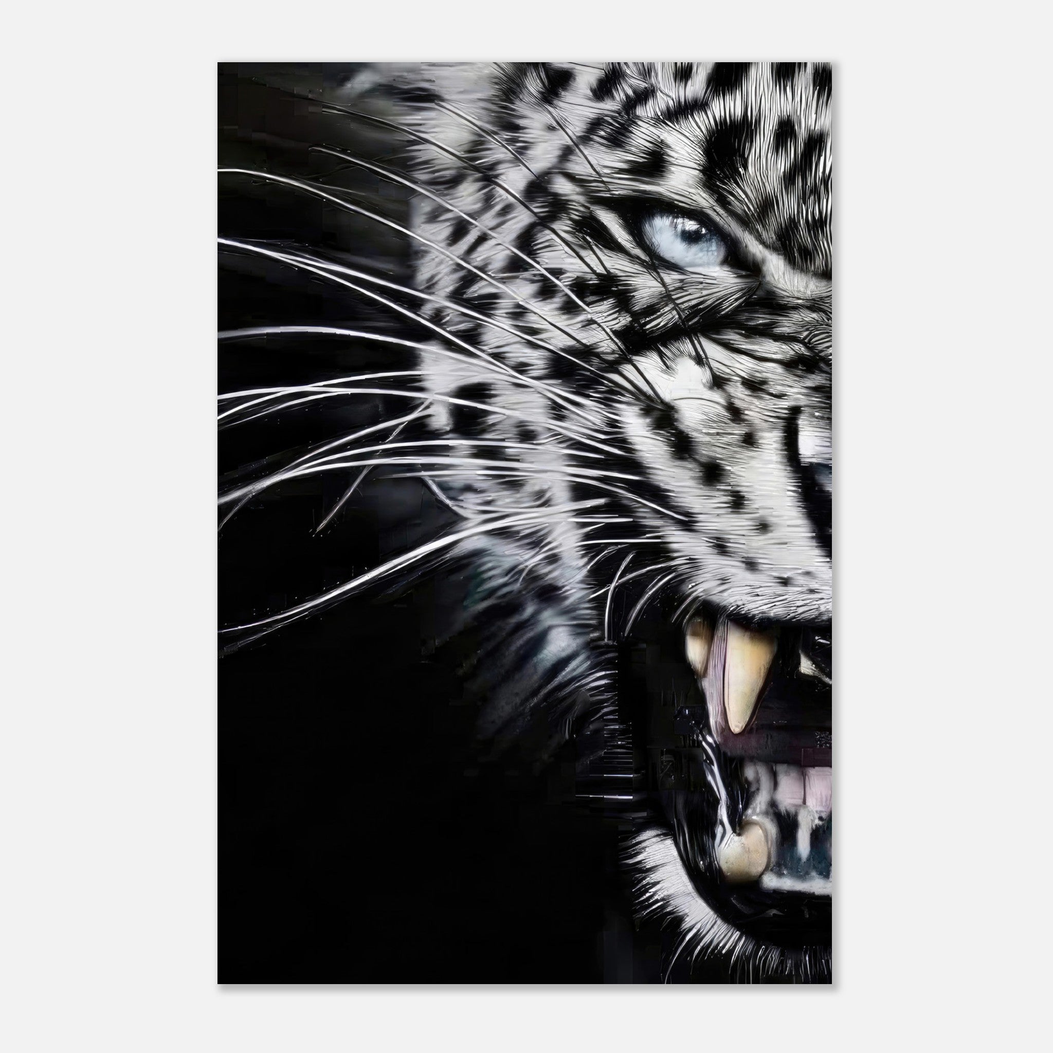Close-up portrait of a fierce leopard with piercing blue eyes on a sleek metal print.