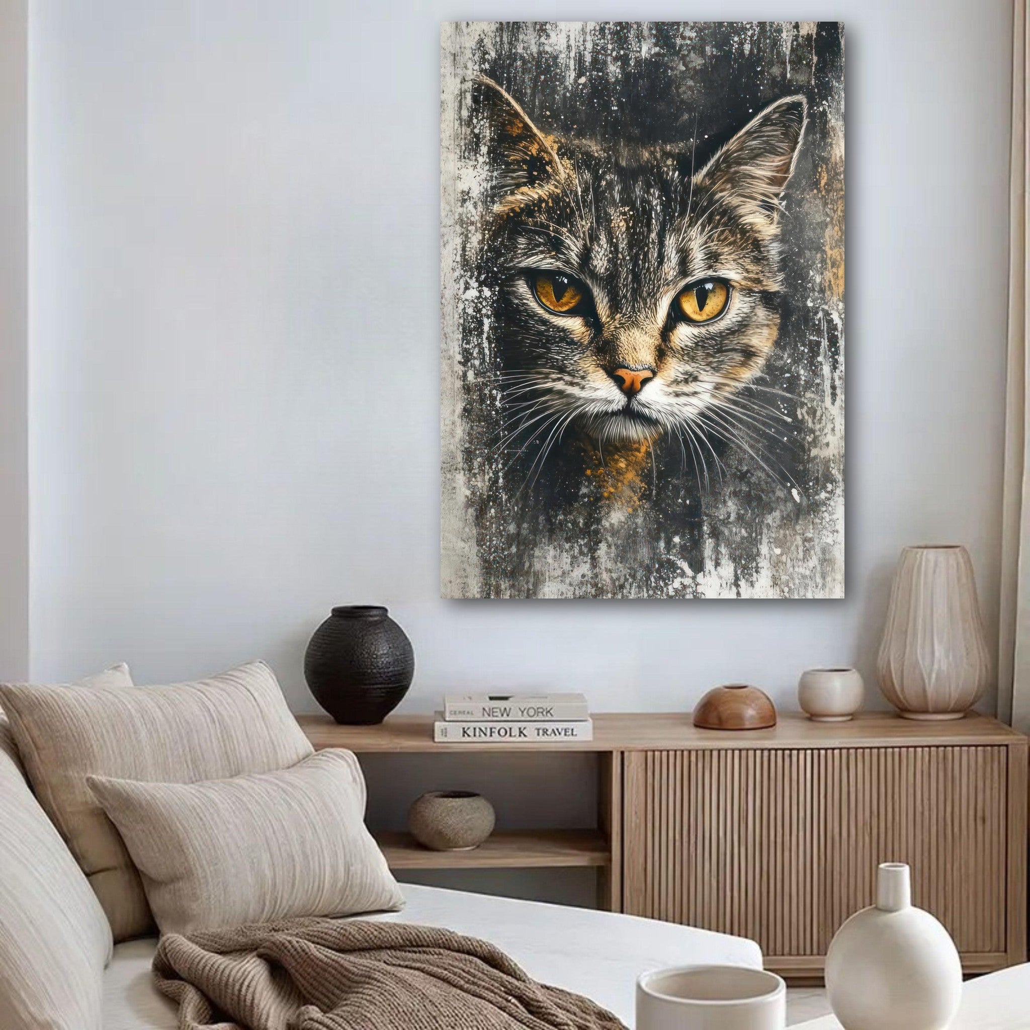 Elegant cat painting poster showcasing a feline portrait with golden eyes, perfect for modern or rustic decor.