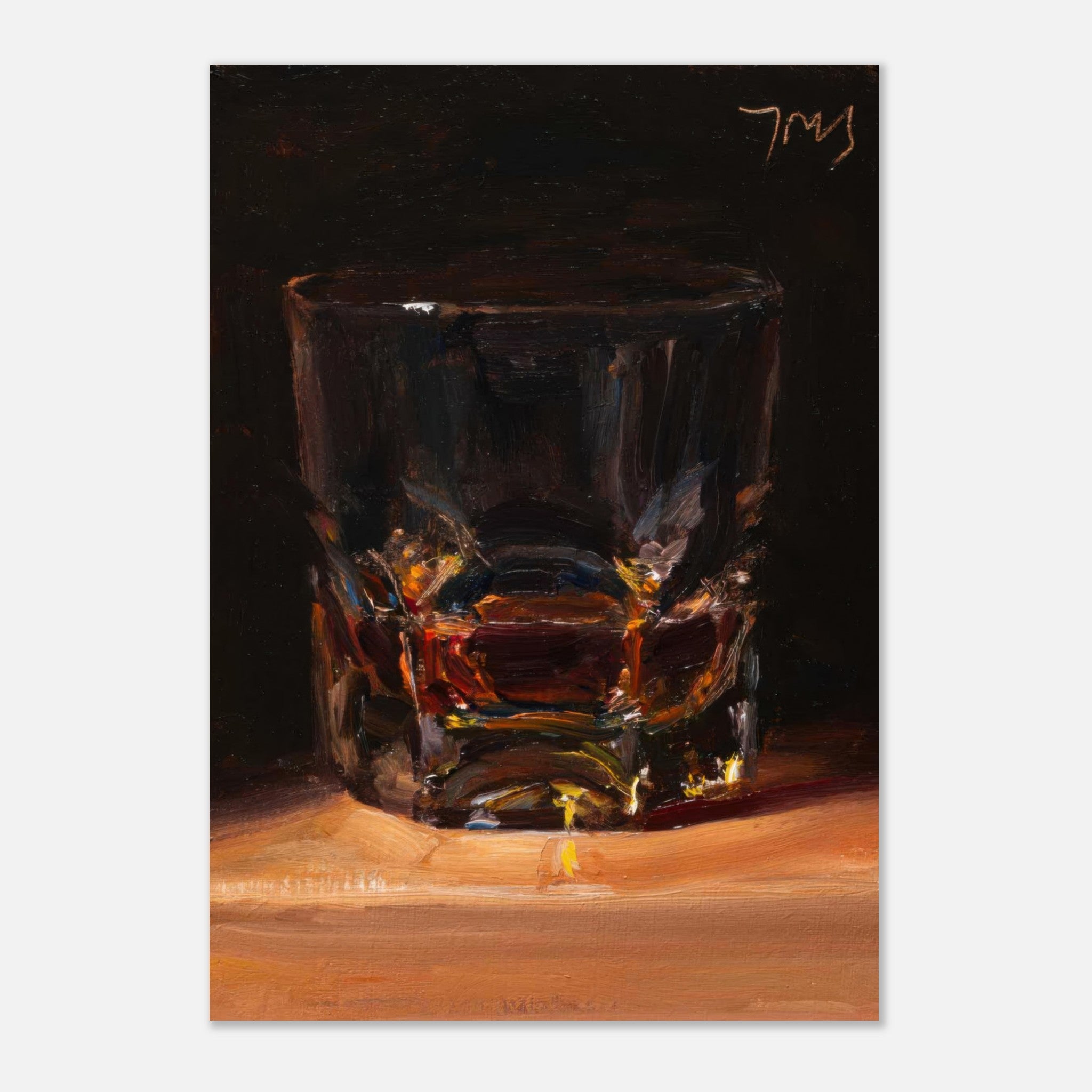 Whiskey oil painting poster featuring a textured glass with amber liquid, perfect for decor lovers.