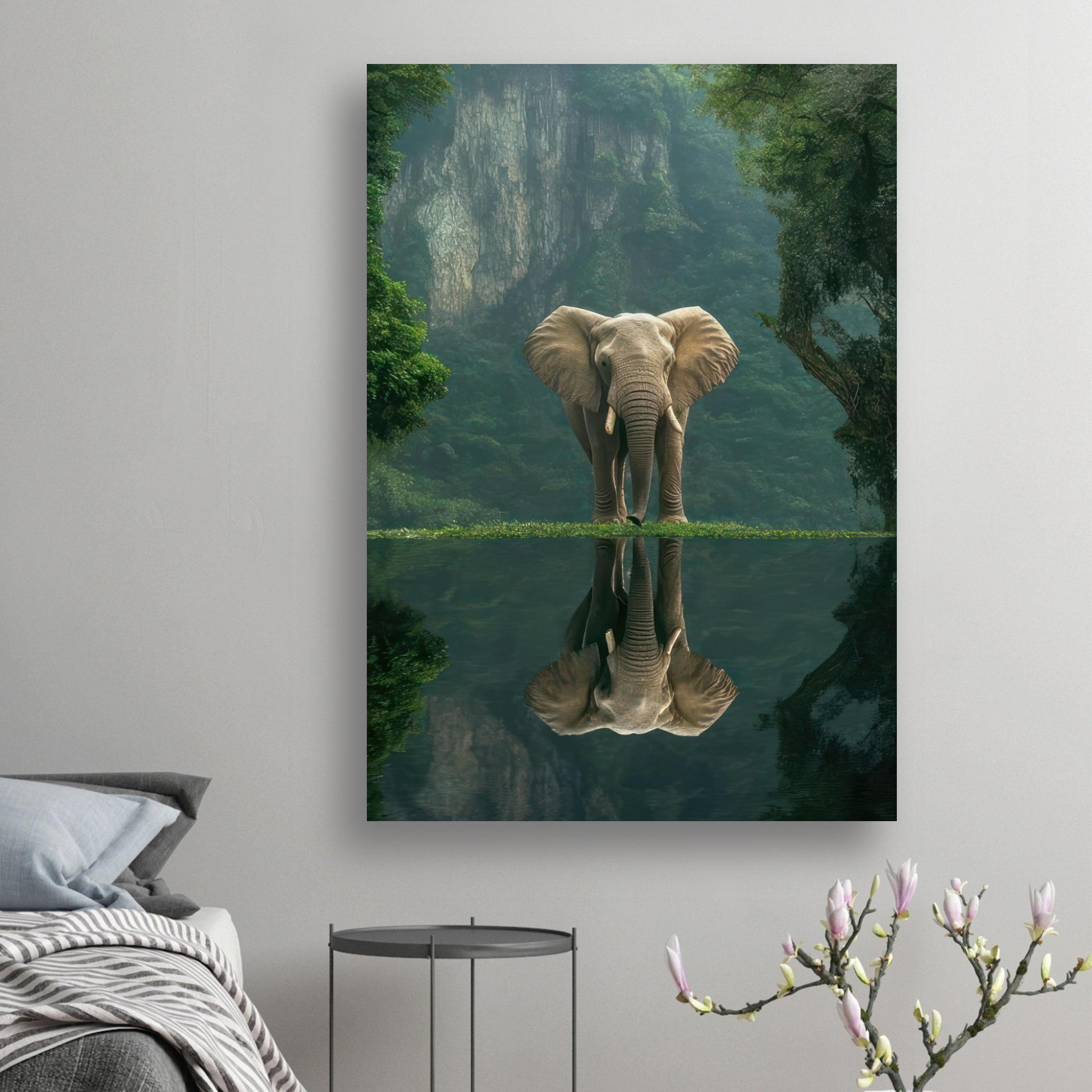Jungle Elephant Portrait poster showcasing an elephant in a lush jungle with a serene water reflection.