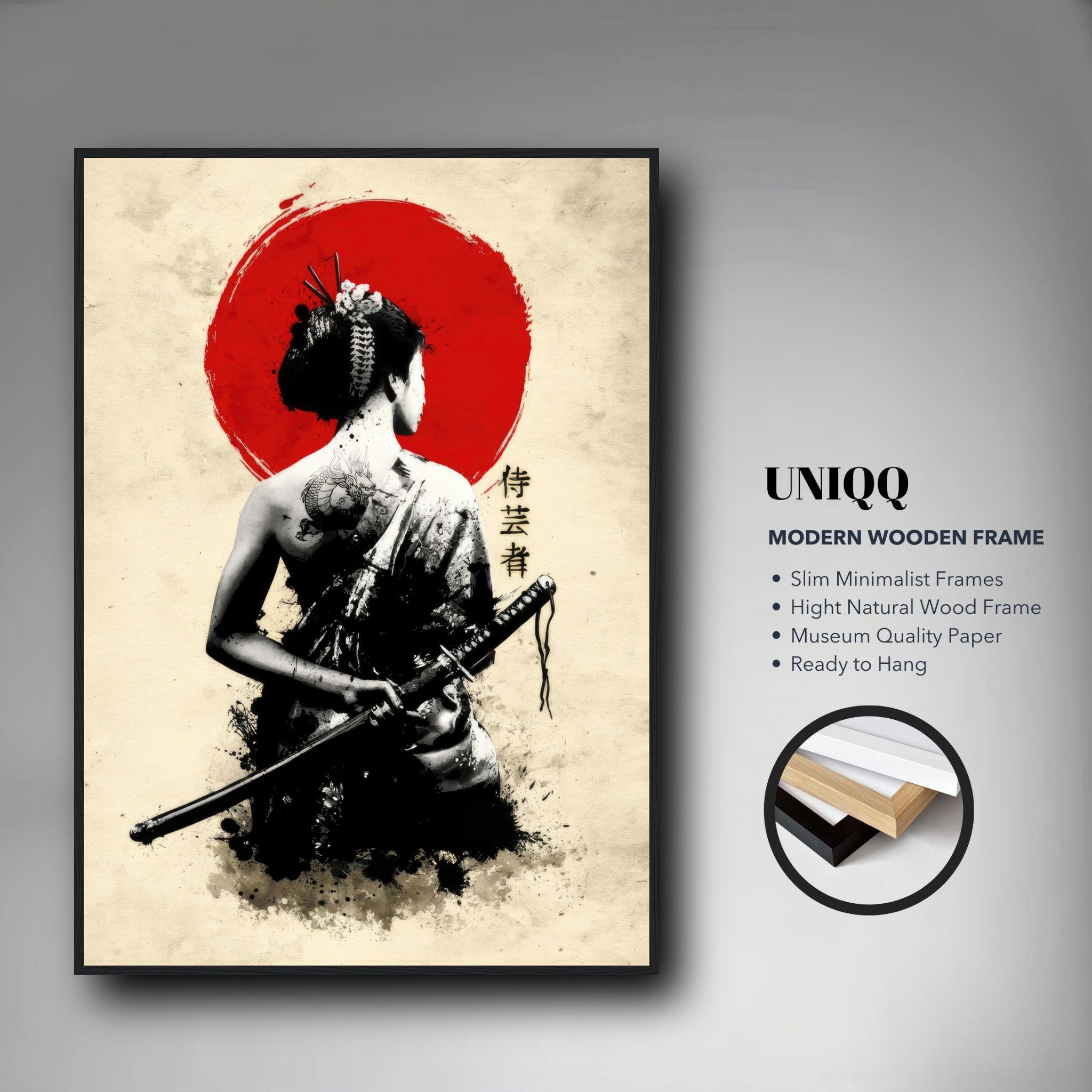 Samurai Geisha framed print featuring a geisha with a katana against a bold red sun backdrop.